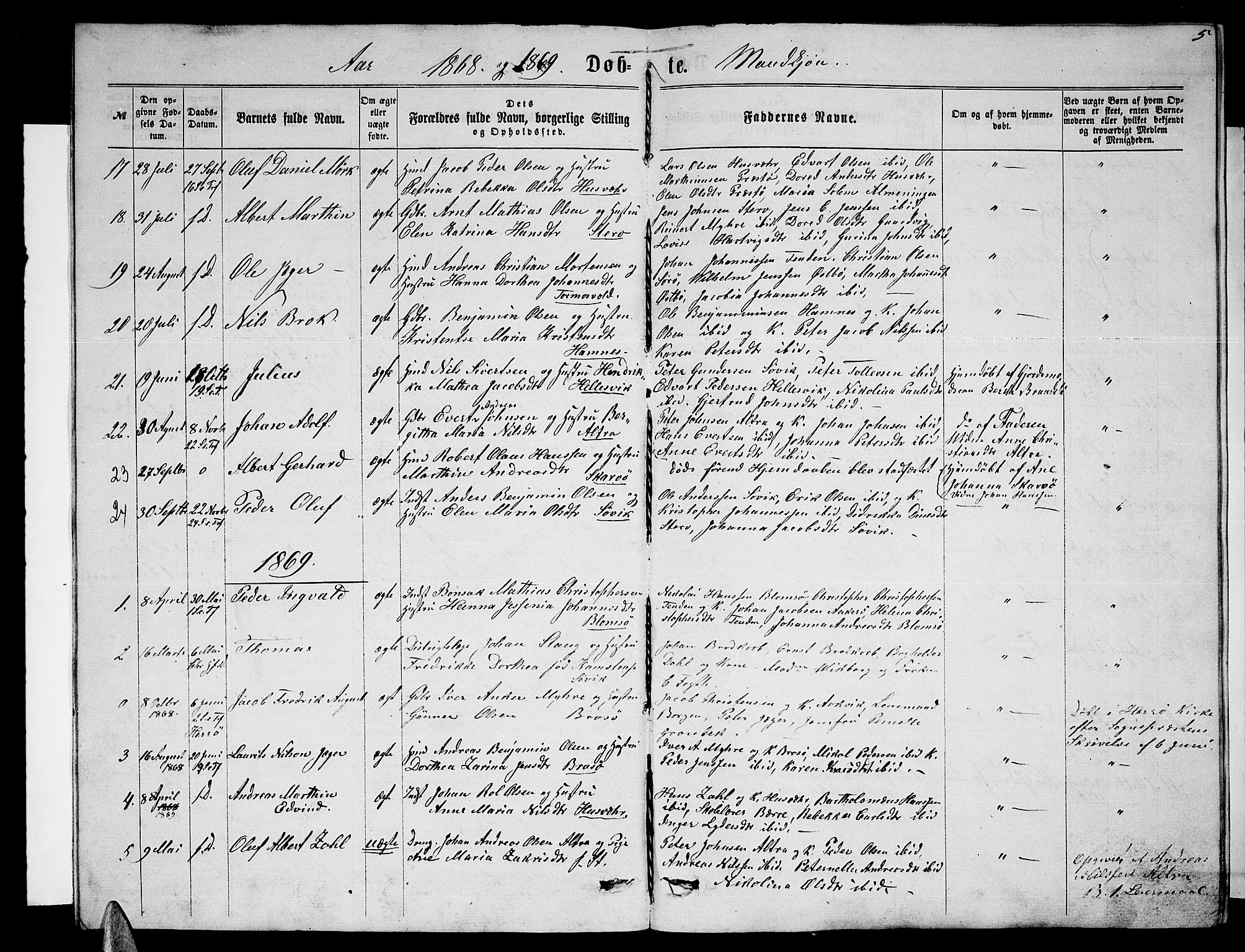 Ministerialprotokoller, klokkerbøker og fødselsregistre - Nordland, SAT/A-1459/830/L0461: Parish register (copy) no. 830C03, 1866-1881, p. 5