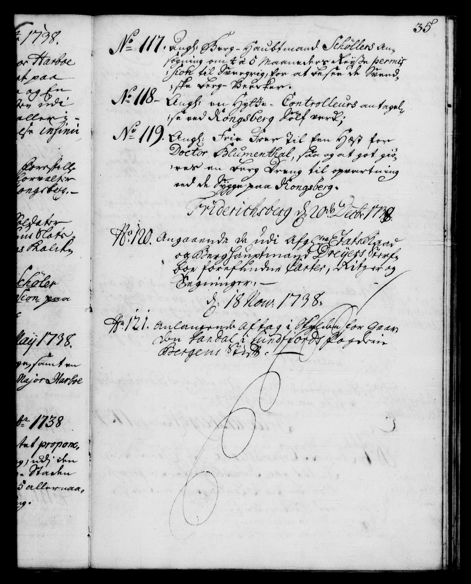 Rentekammeret, Kammerkanselliet, RA/EA-3111/G/Gf/Gfb/L0004: Register til norske relasjons- og resolusjonsprotokoller (merket RK 52.99), 1736-1743, p. 35
