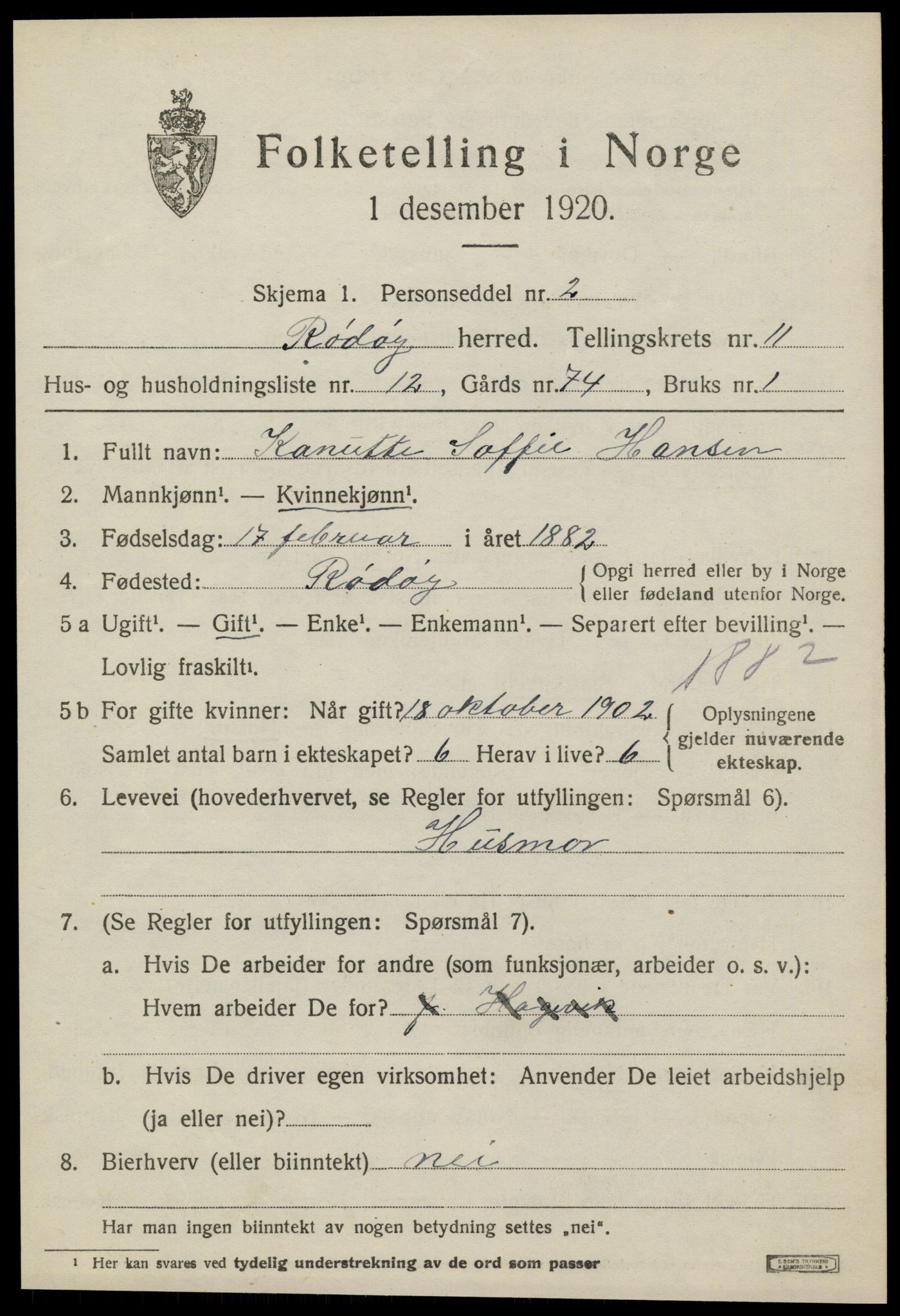 SAT, 1920 census for Rødøy, 1920, p. 5998