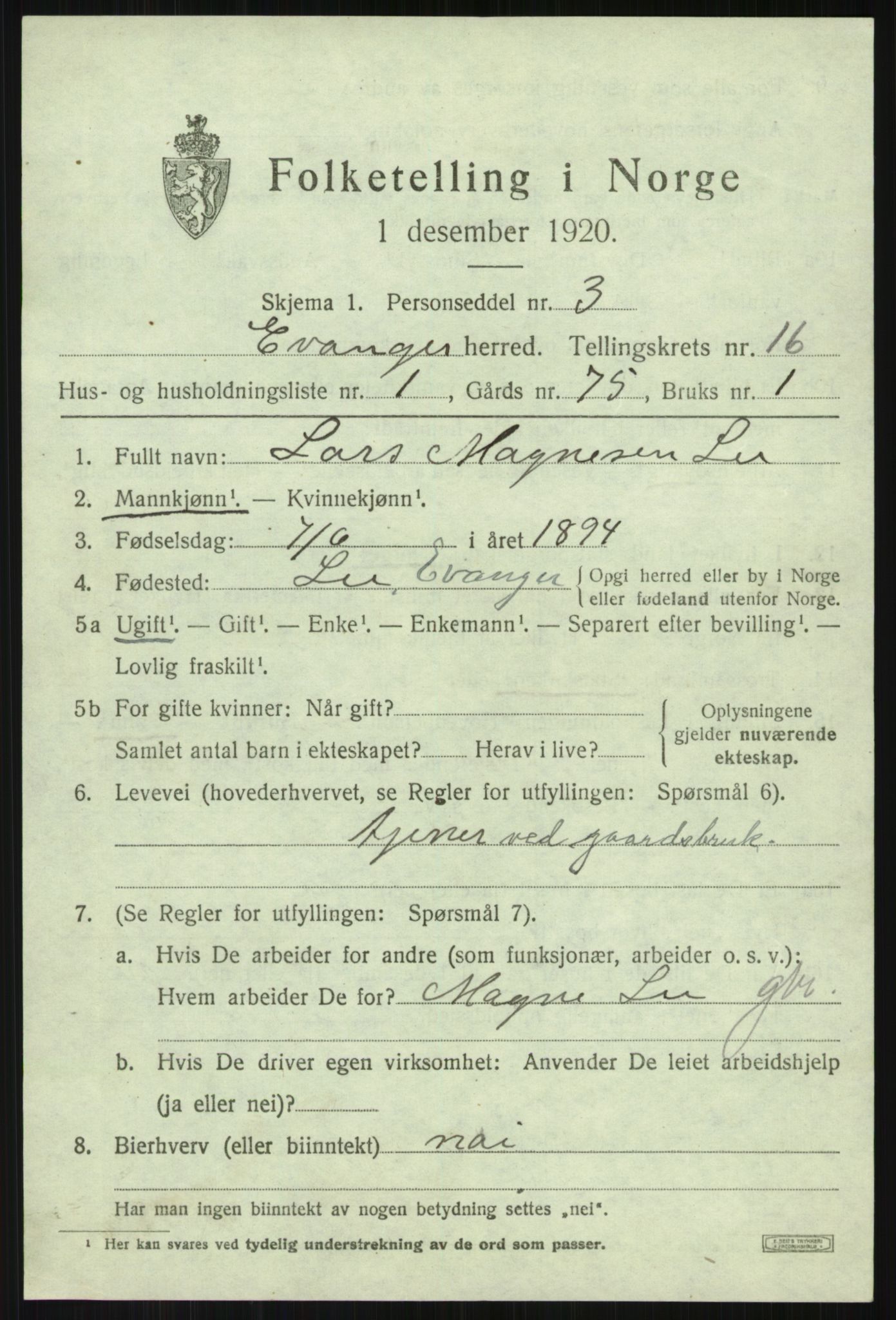 SAB, 1920 census for Evanger, 1920, p. 4255