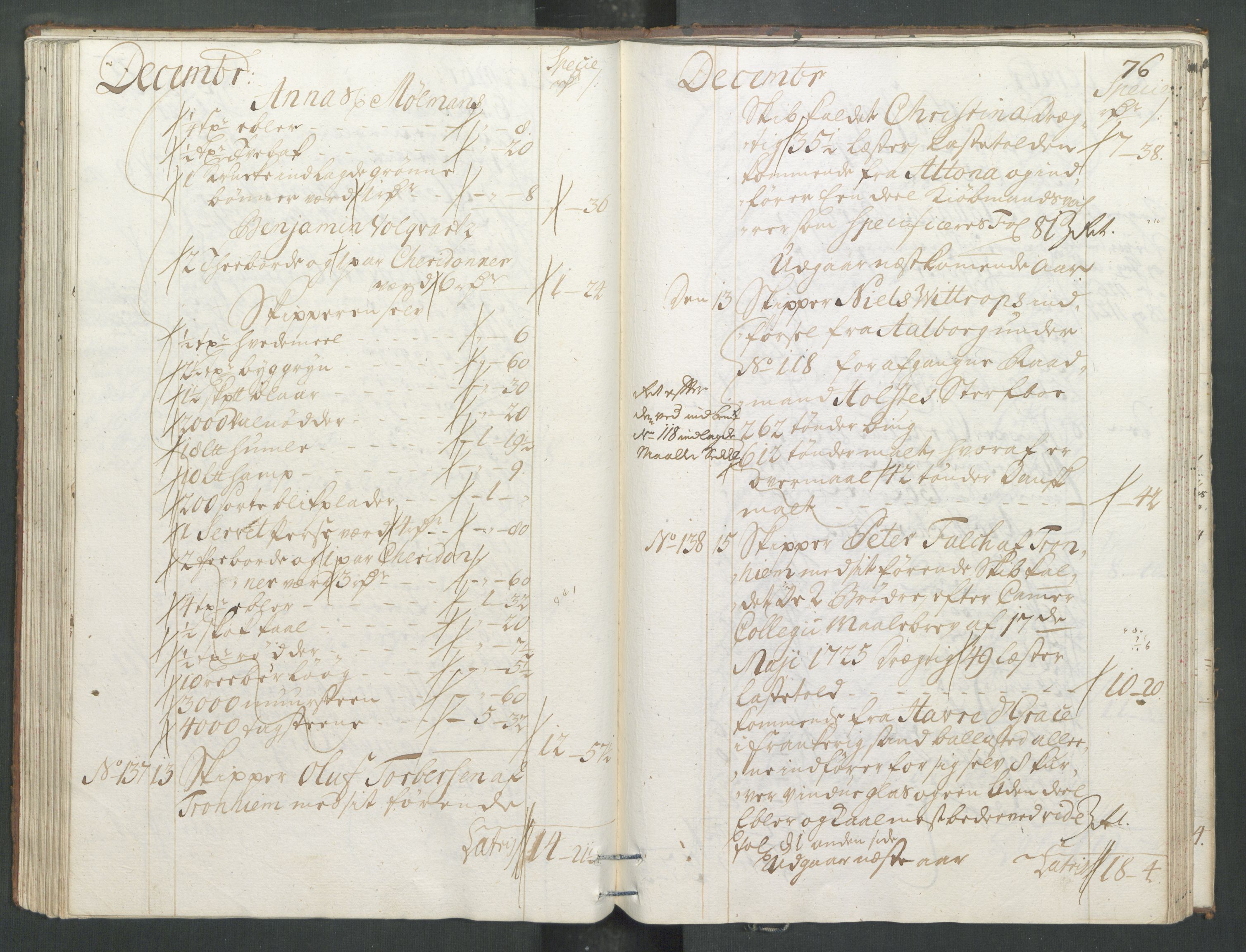 Generaltollkammeret, tollregnskaper, RA/EA-5490/R33/L0013/0001: Tollregnskaper Trondheim A / Inngående tollbok, 1731, p. 75b-76a