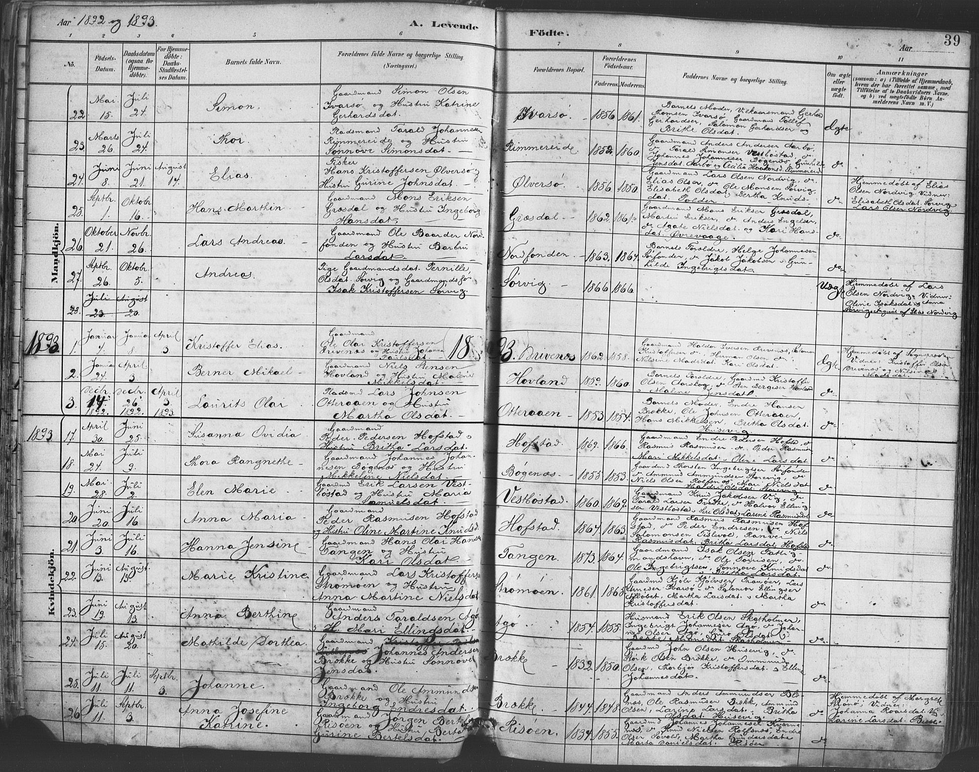 Fitjar sokneprestembete, AV/SAB-A-99926: Parish register (official) no. A 2, 1882-1899, p. 39