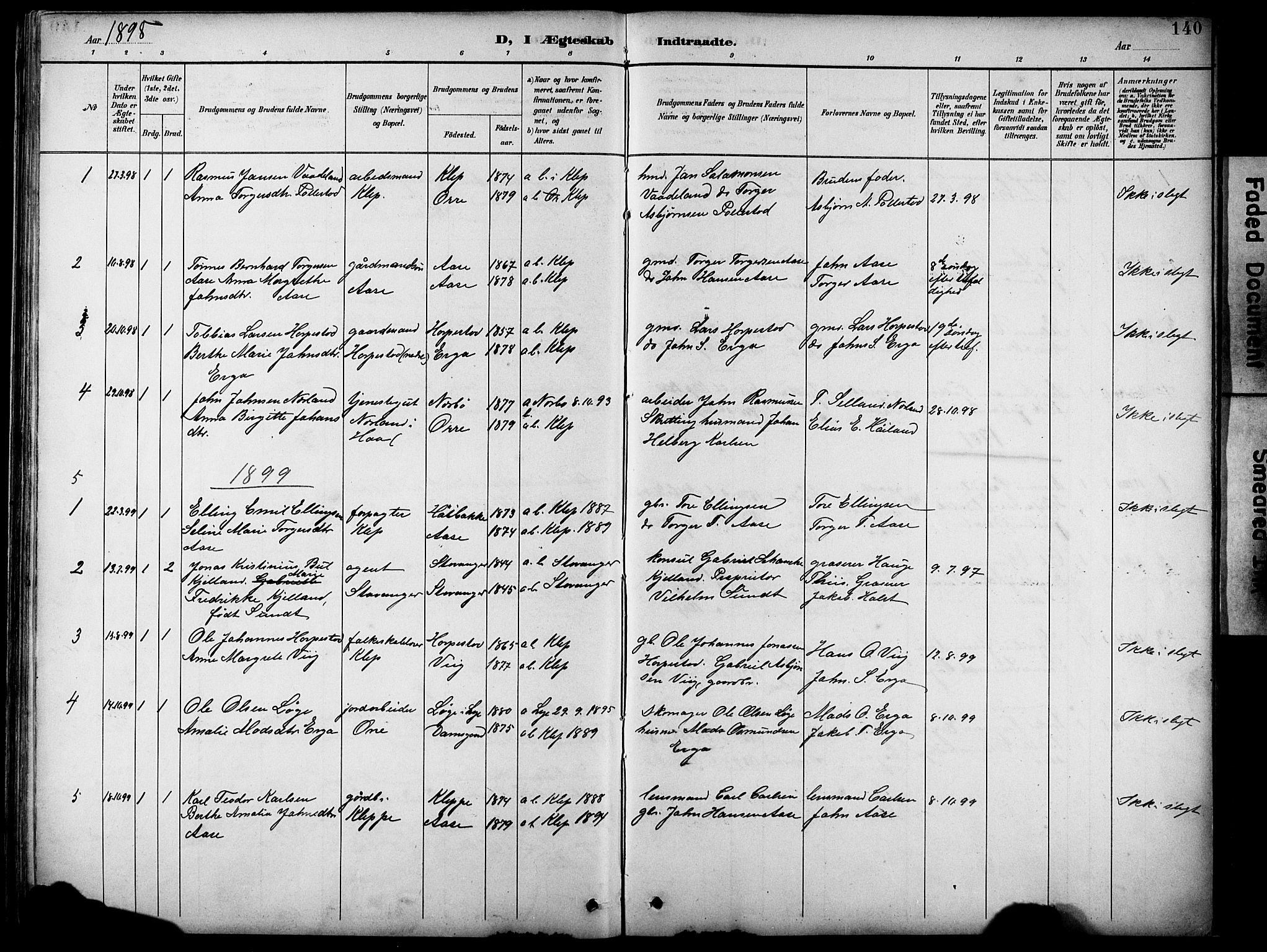 Klepp sokneprestkontor, SAST/A-101803/001/3/30BB/L0005: Parish register (copy) no. B 5, 1889-1918, p. 140