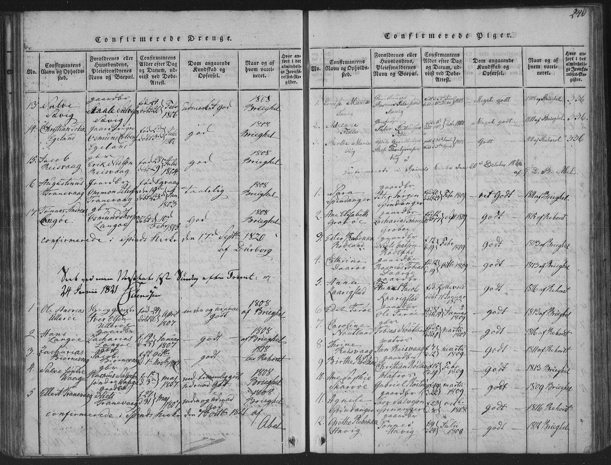 Herad sokneprestkontor, SAK/1111-0018/F/Fa/Fab/L0002: Parish register (official) no. A 2, 1816-1844, p. 240