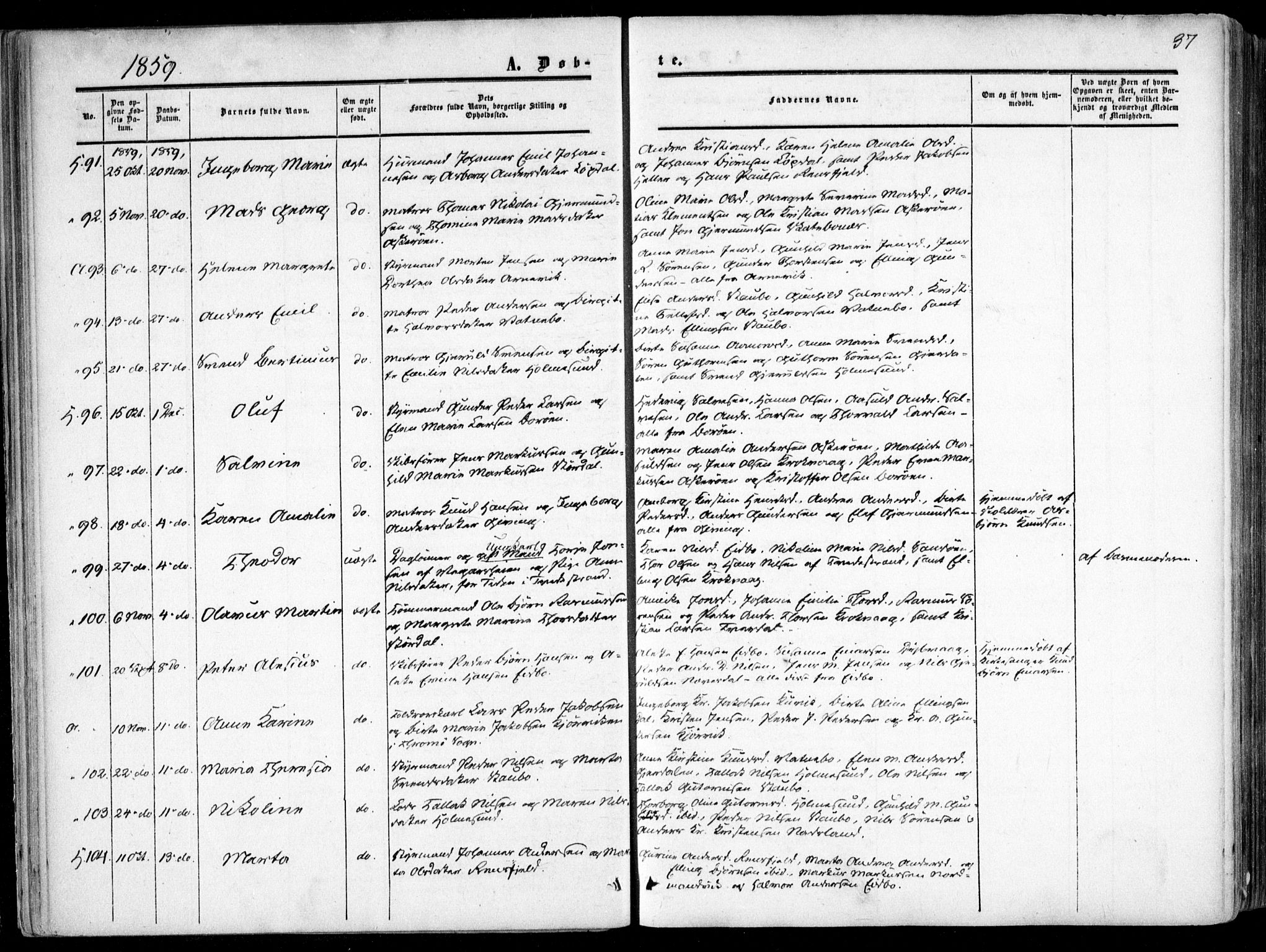 Dypvåg sokneprestkontor, SAK/1111-0007/F/Fa/Faa/L0006: Parish register (official) no. A 6, 1855-1872, p. 37