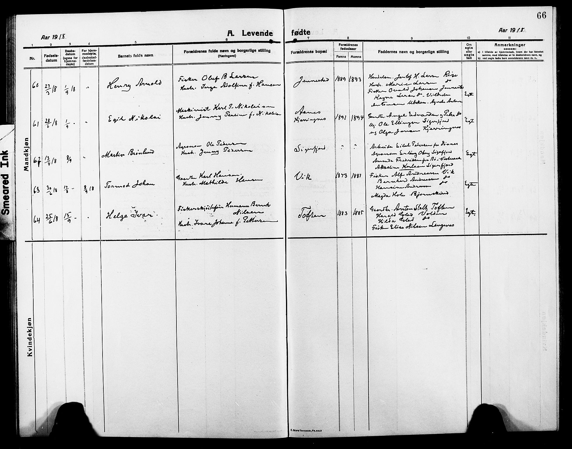 Ministerialprotokoller, klokkerbøker og fødselsregistre - Nordland, AV/SAT-A-1459/895/L1383: Parish register (copy) no. 895C05, 1913-1922, p. 66