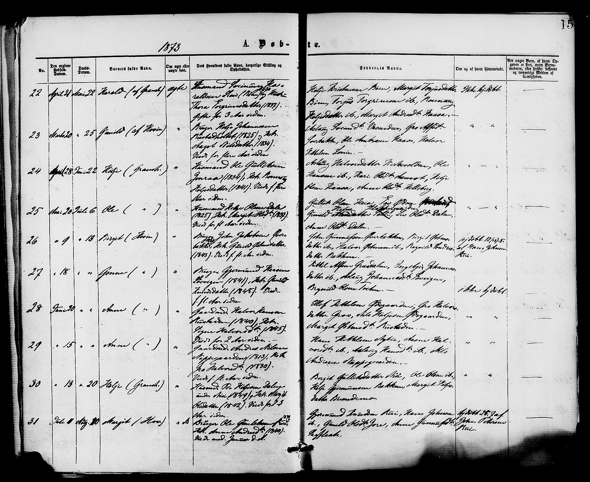 Gransherad kirkebøker, AV/SAKO-A-267/F/Fa/L0004: Parish register (official) no. I 4, 1871-1886, p. 15