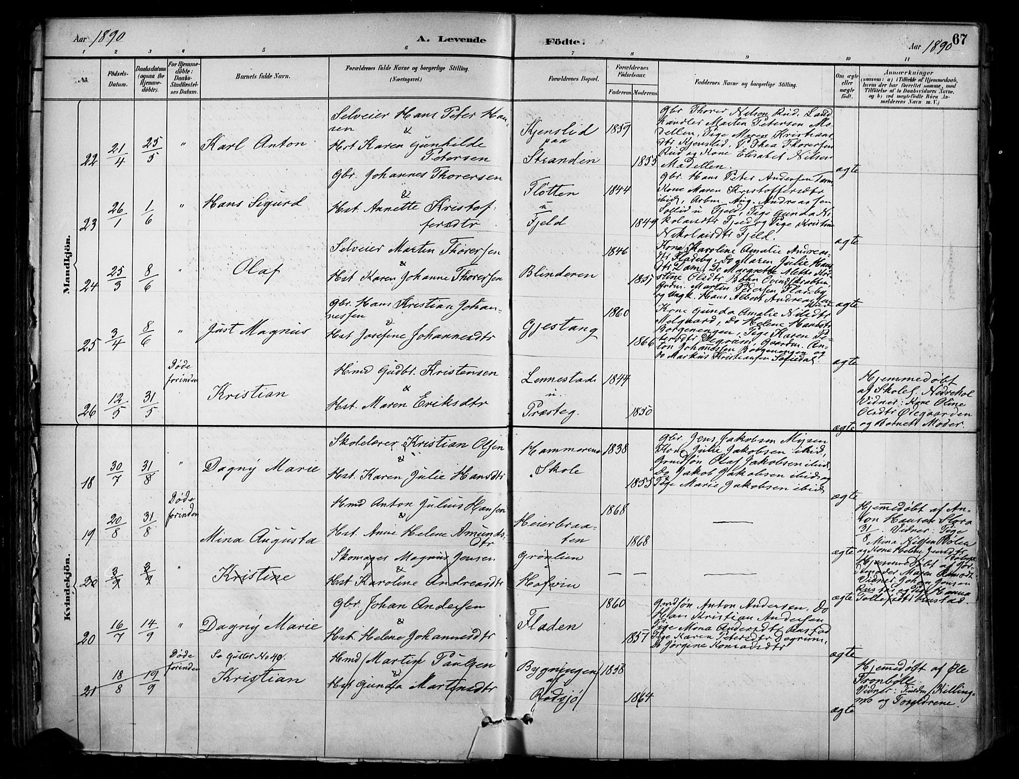 Enebakk prestekontor Kirkebøker, AV/SAO-A-10171c/F/Fa/L0016: Parish register (official) no. I 16, 1883-1898, p. 67