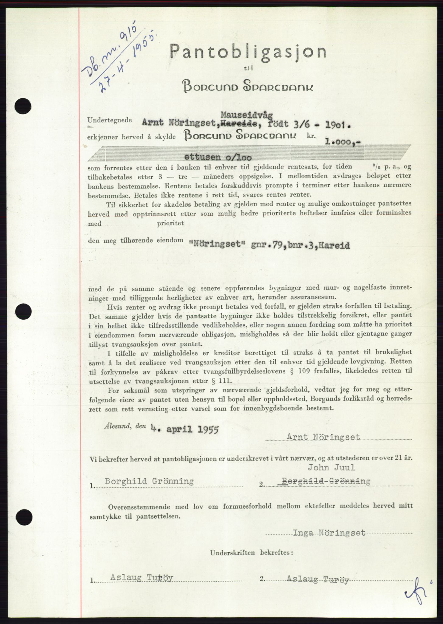 Søre Sunnmøre sorenskriveri, AV/SAT-A-4122/1/2/2C/L0126: Mortgage book no. 14B, 1954-1955, Diary no: : 915/1955