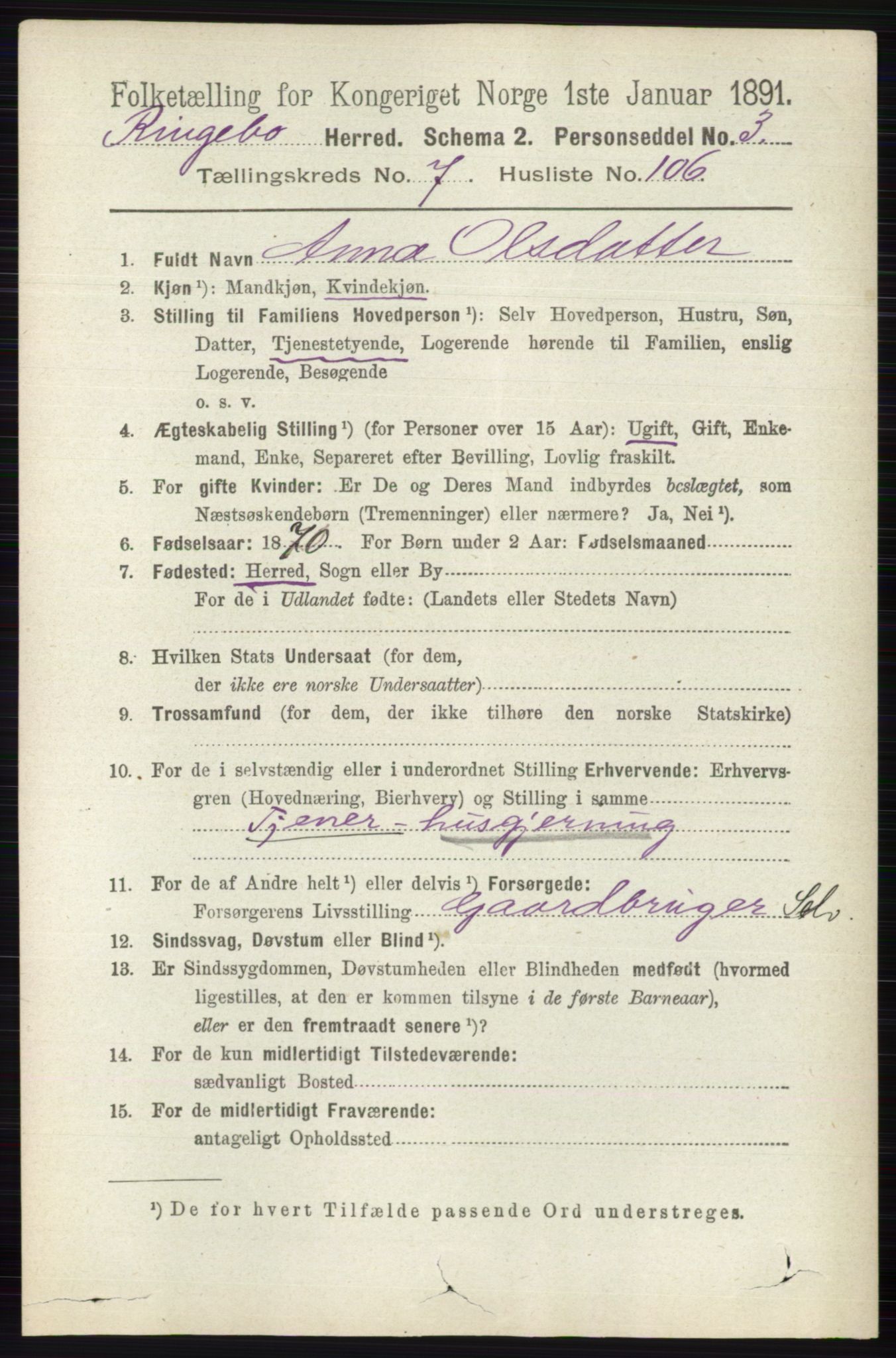 RA, 1891 census for 0520 Ringebu, 1891, p. 3567