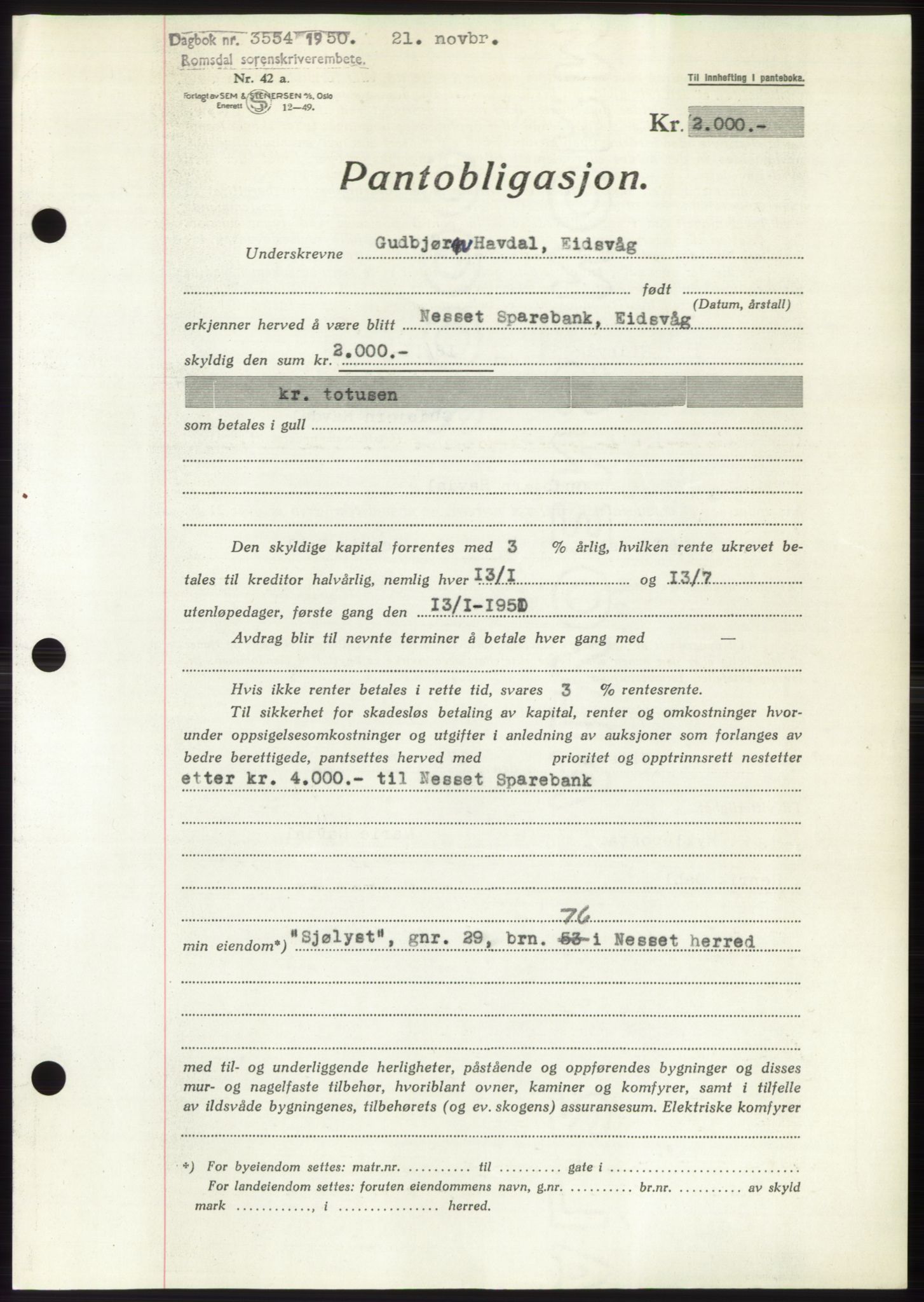 Romsdal sorenskriveri, AV/SAT-A-4149/1/2/2C: Mortgage book no. B5, 1949-1950, Diary no: : 3554/1950