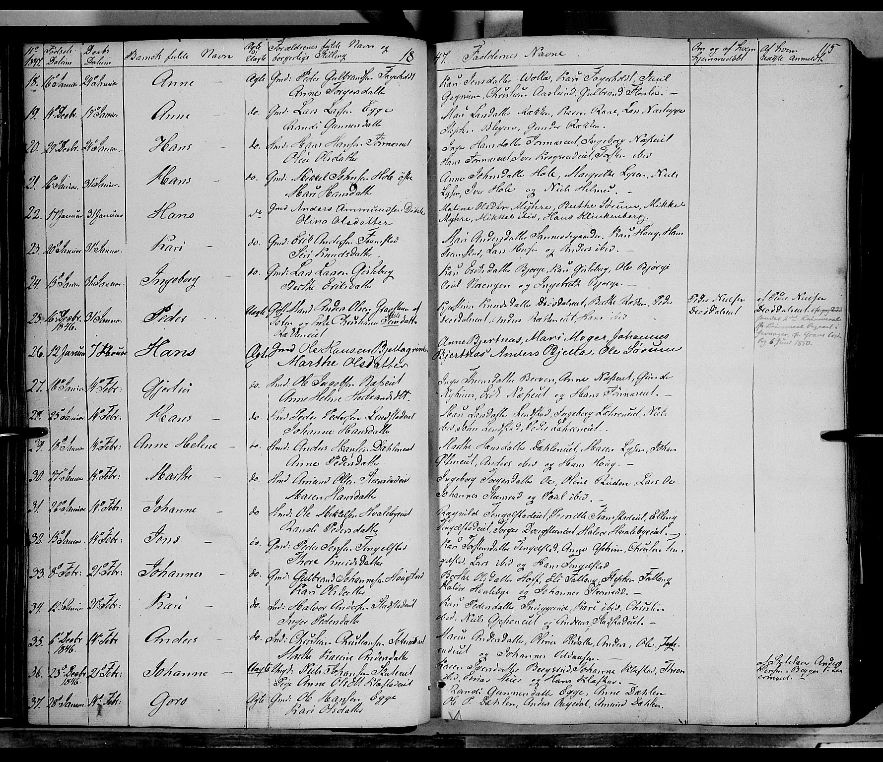 Gran prestekontor, SAH/PREST-112/H/Ha/Haa/L0011: Parish register (official) no. 11, 1842-1856, p. 114-115