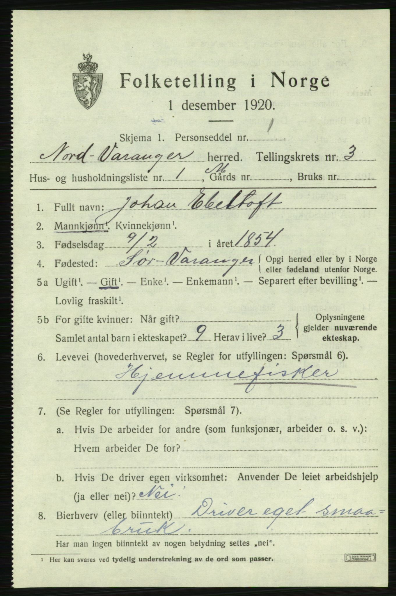 SATØ, 1920 census for Nord-Varanger, 1920, p. 1225