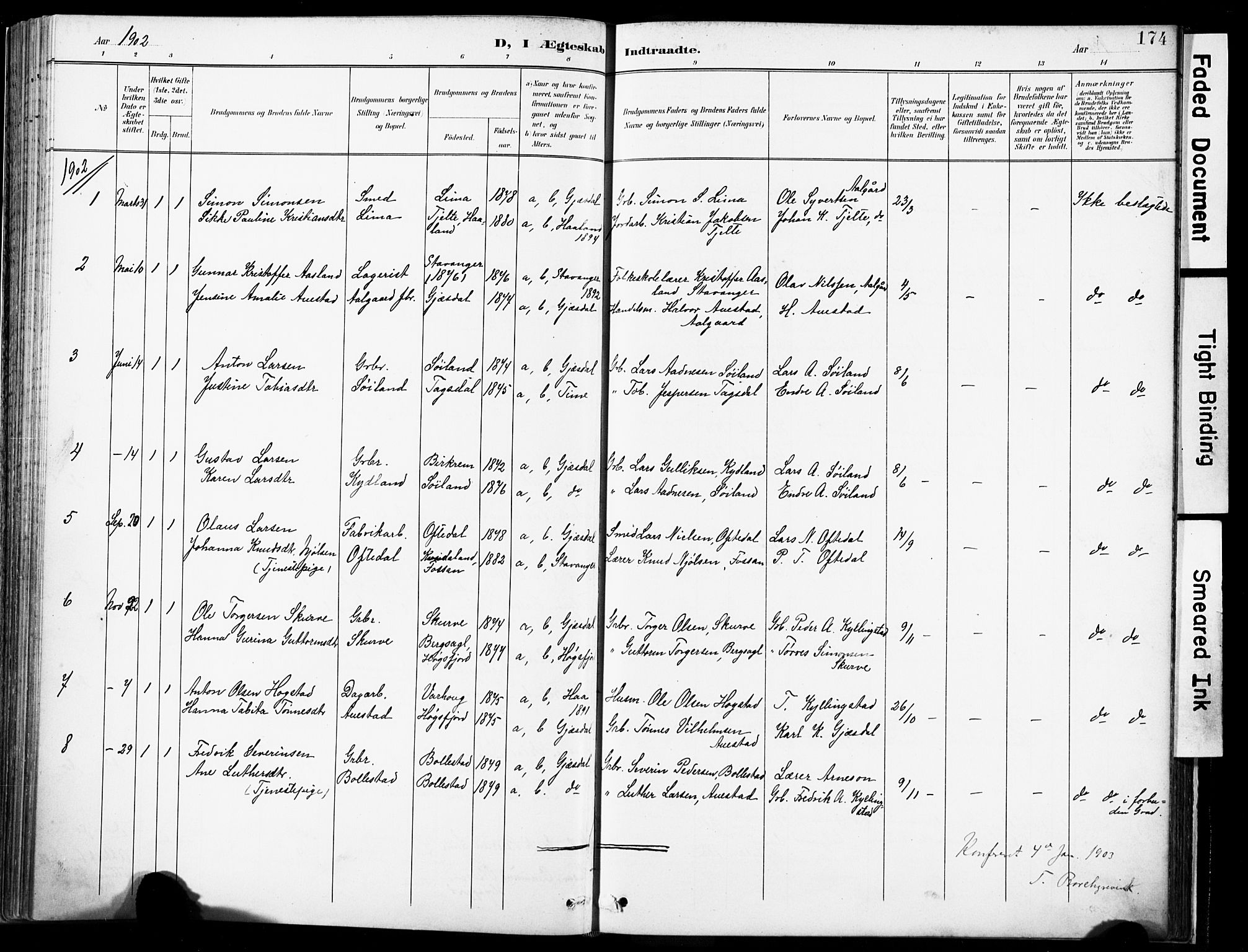 Lye sokneprestkontor, SAST/A-101794/001/30BA/L0012: Parish register (official) no. A 11, 1896-1909, p. 174