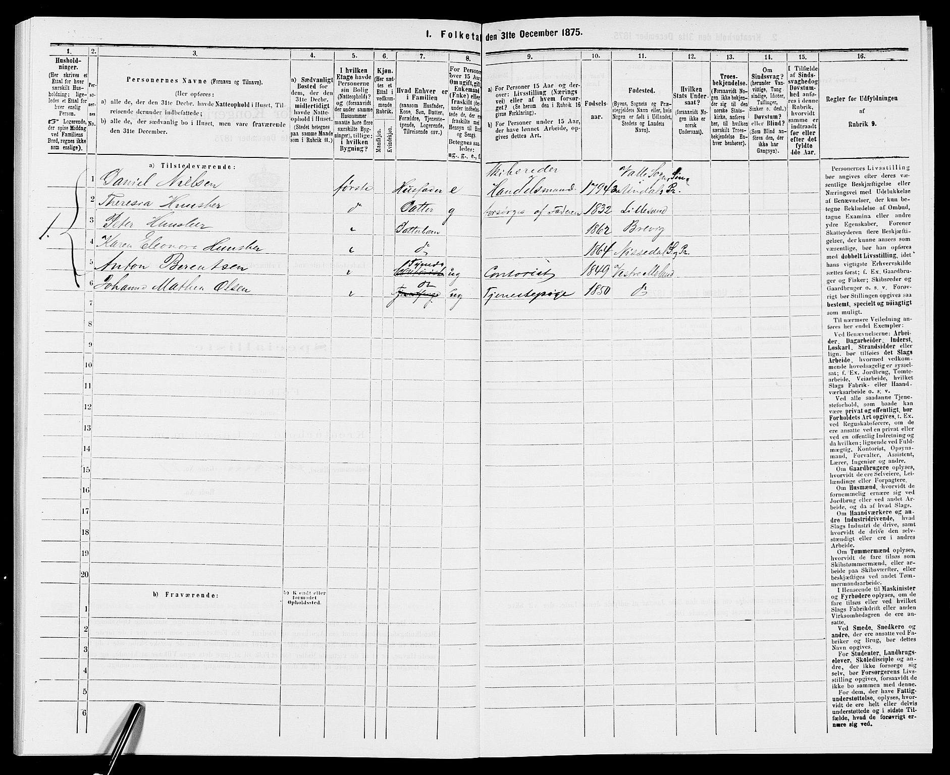 SAK, 1875 census for 0905B Vestre Moland/Lillesand, 1875, p. 197