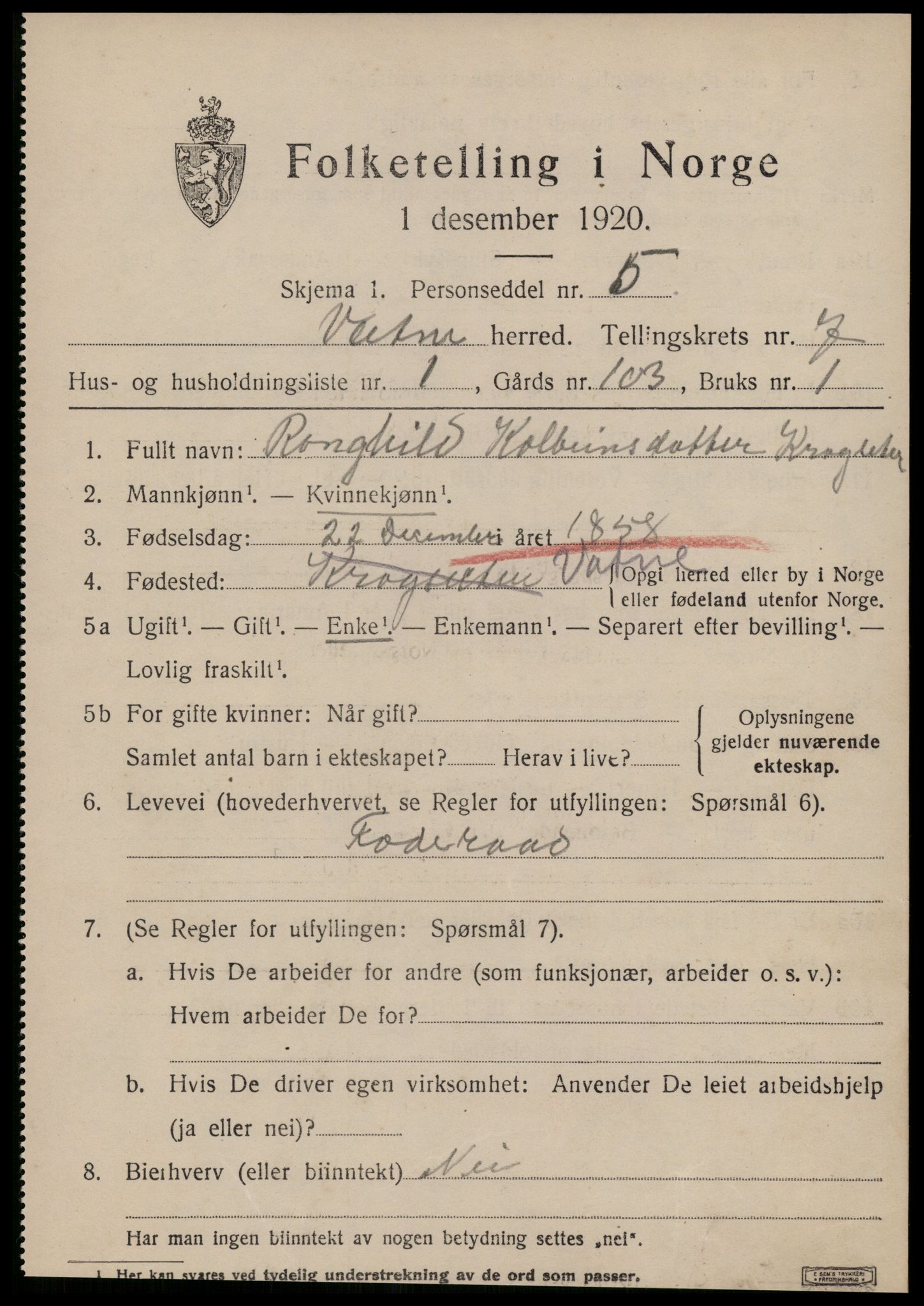 SAT, 1920 census for Vatne, 1920, p. 3132