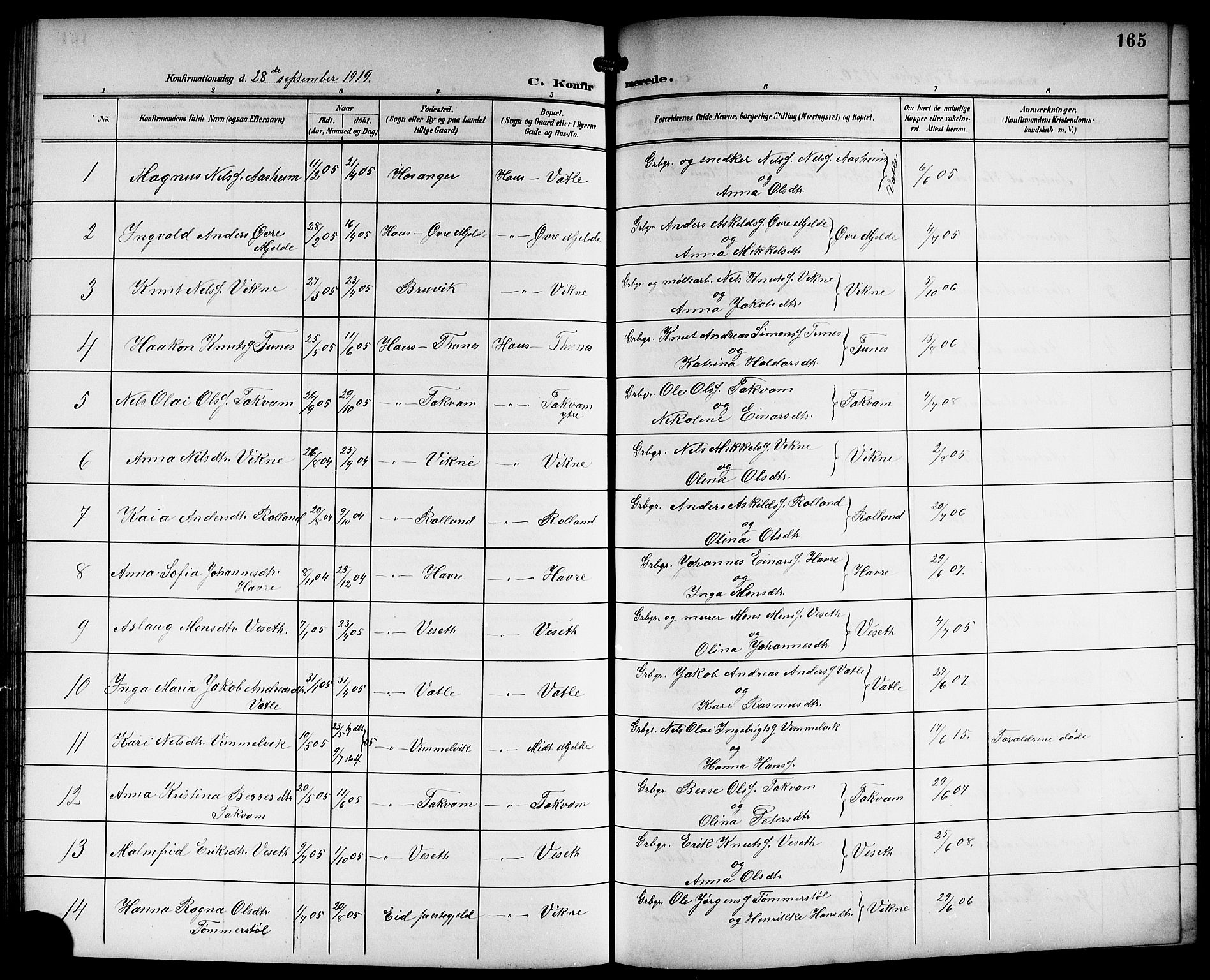 Haus sokneprestembete, SAB/A-75601/H/Hab: Parish register (copy) no. B 4, 1900-1921, p. 165