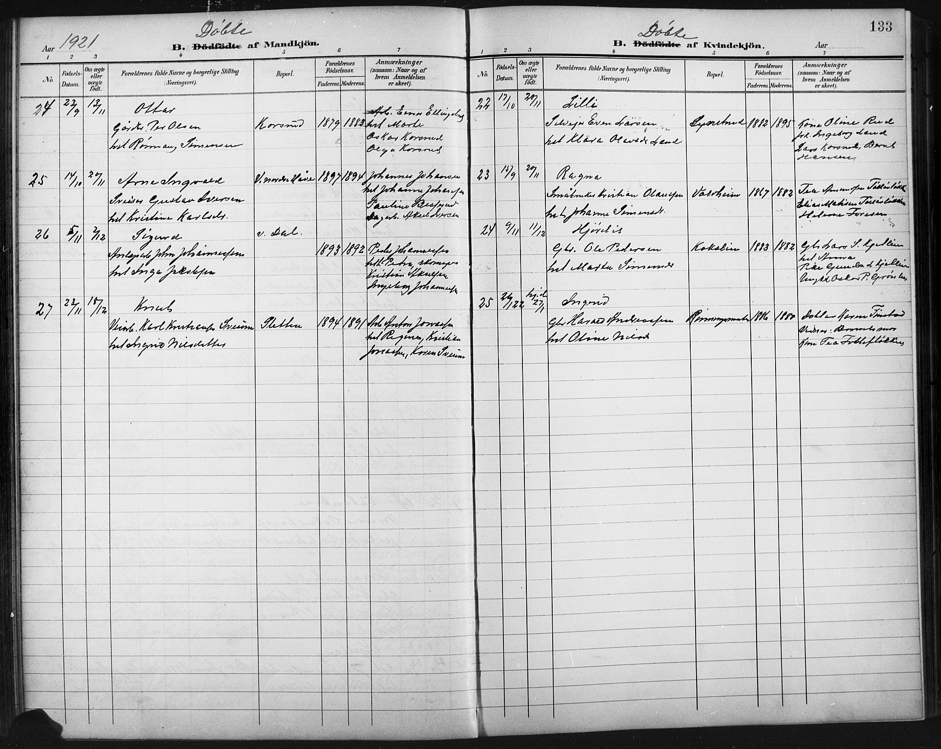 Fåberg prestekontor, SAH/PREST-086/H/Ha/Hab/L0011: Parish register (copy) no. 11, 1901-1921, p. 133