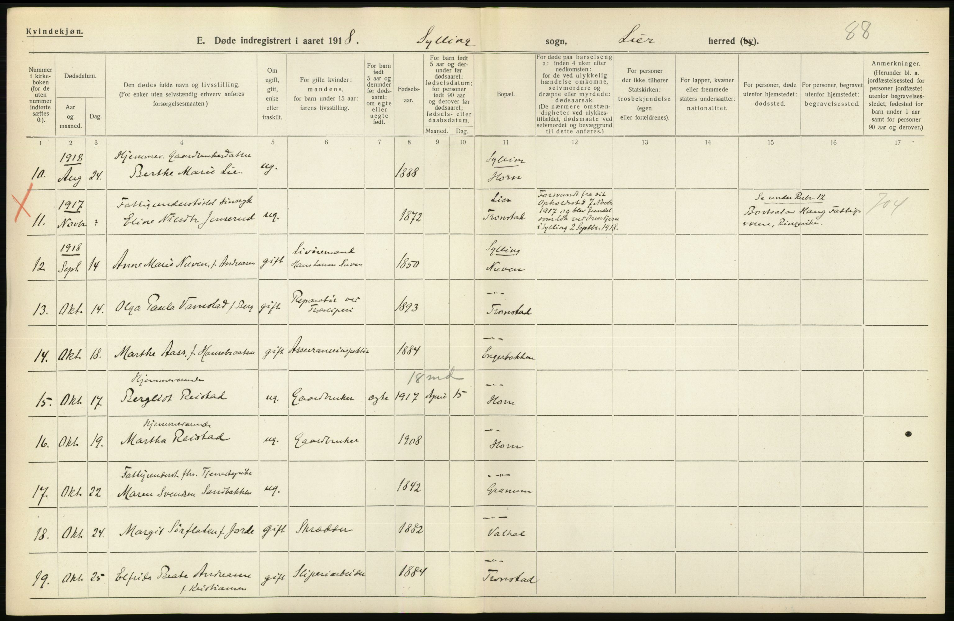 Statistisk sentralbyrå, Sosiodemografiske emner, Befolkning, AV/RA-S-2228/D/Df/Dfb/Dfbh/L0020: Buskerud fylke: Døde. Bygder og byer., 1918, p. 354