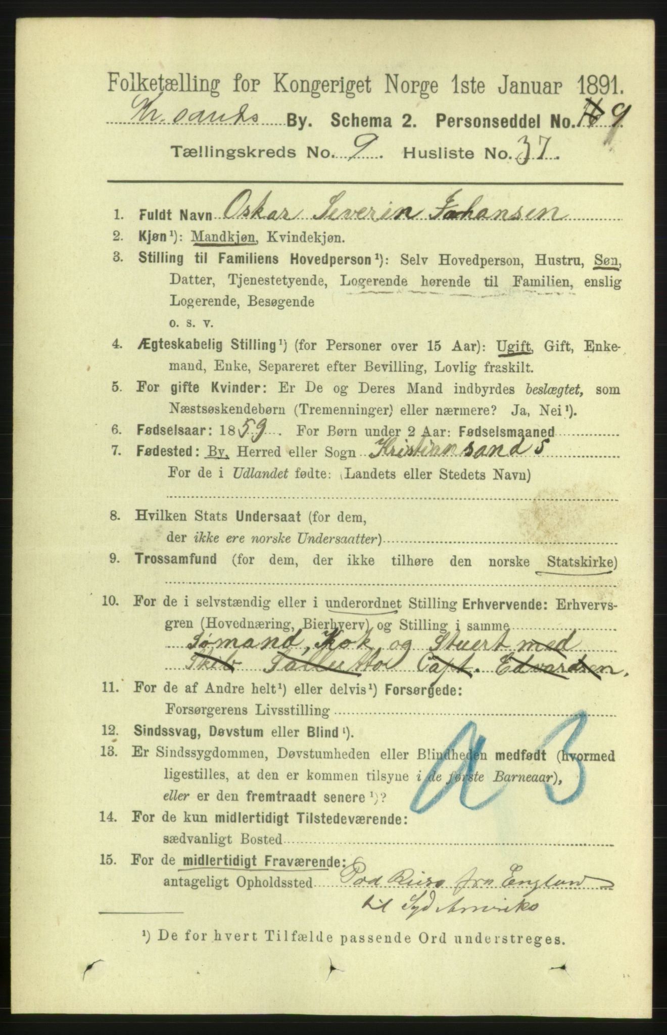 RA, 1891 census for 1001 Kristiansand, 1891, p. 5288