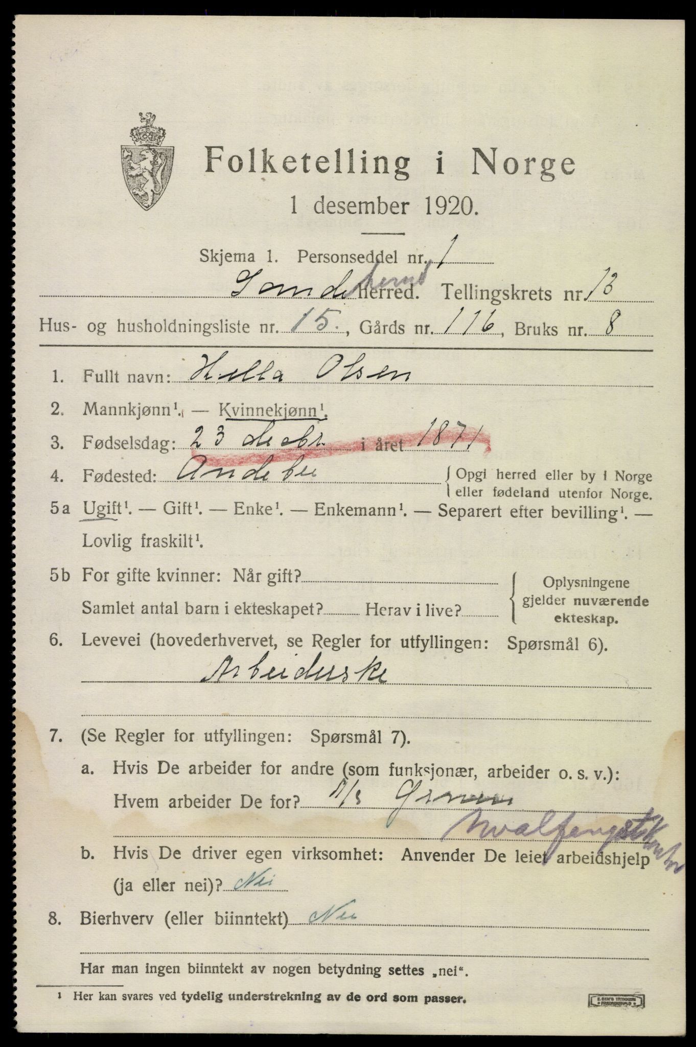 SAKO, 1920 census for Sandeherred, 1920, p. 19318