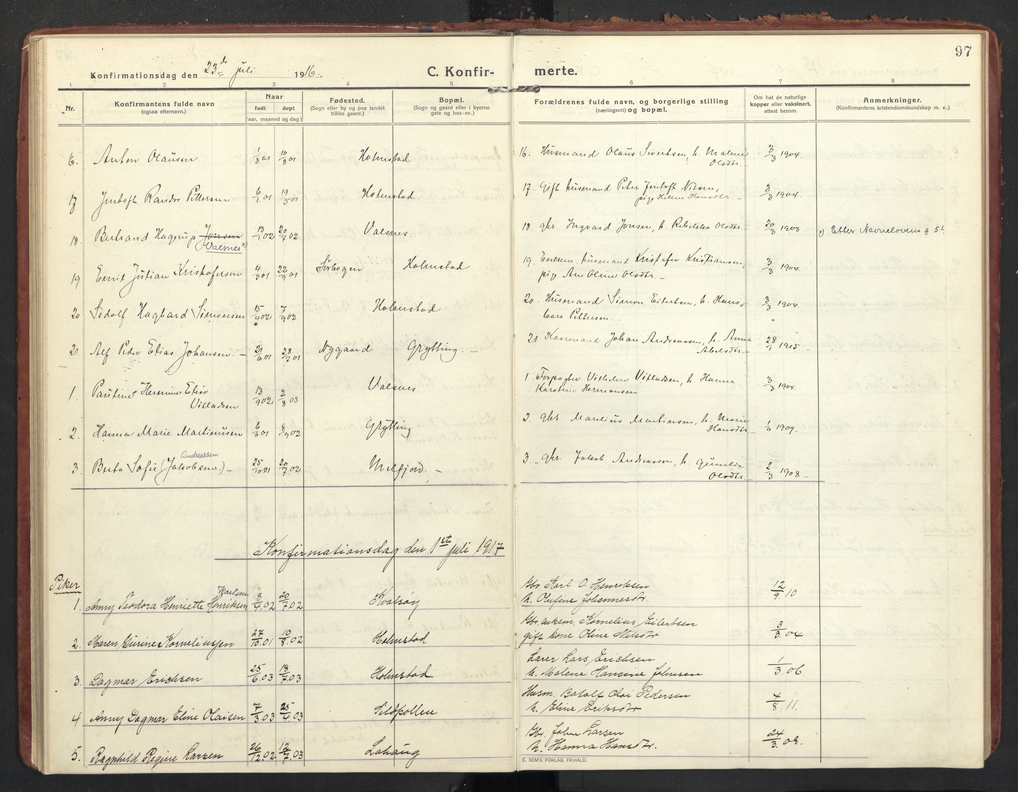 Ministerialprotokoller, klokkerbøker og fødselsregistre - Nordland, SAT/A-1459/890/L1288: Parish register (official) no. 890A03, 1915-1925, p. 97
