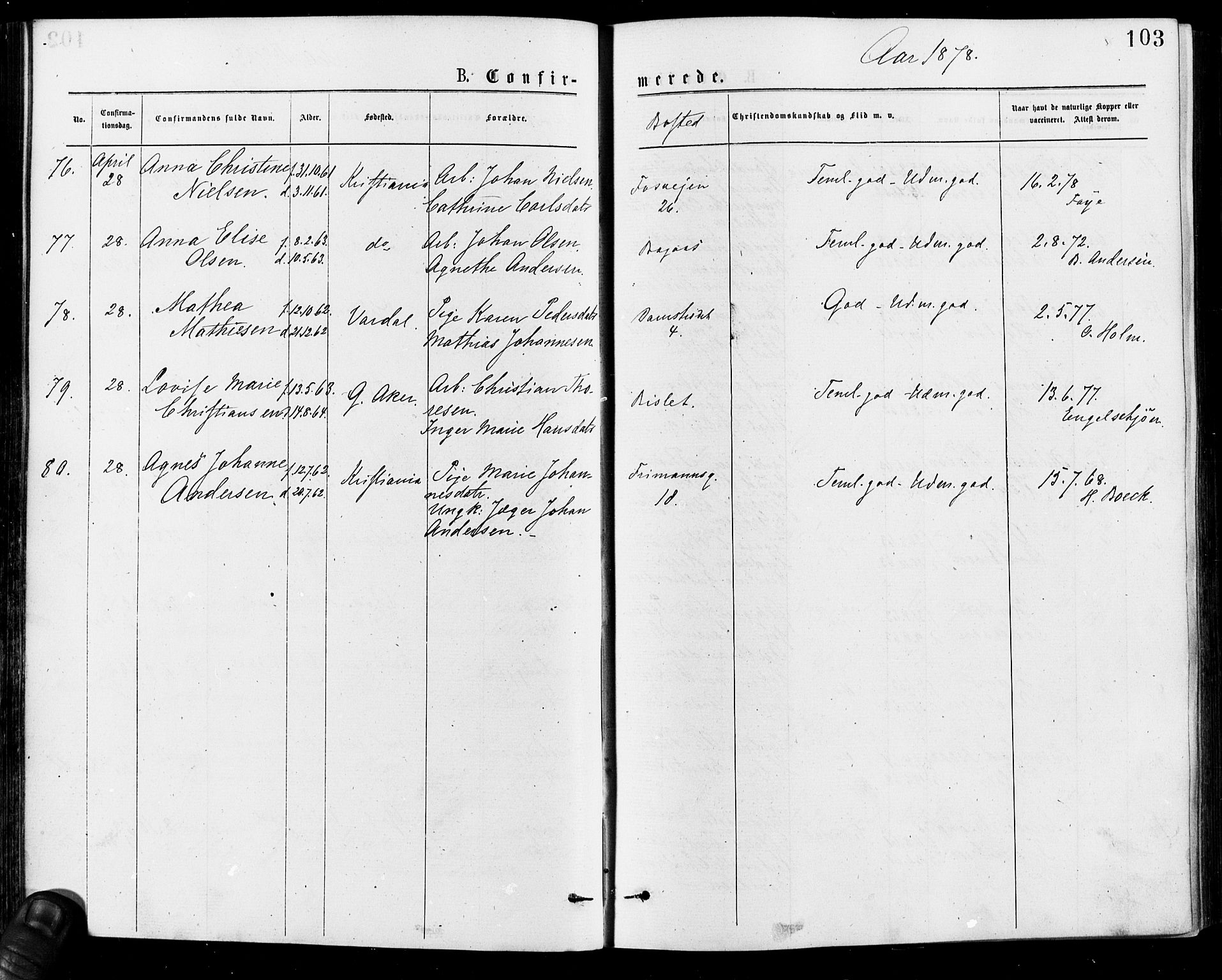 Gamle Aker prestekontor Kirkebøker, AV/SAO-A-10617a/F/L0005: Parish register (official) no. 5, 1873-1881, p. 103