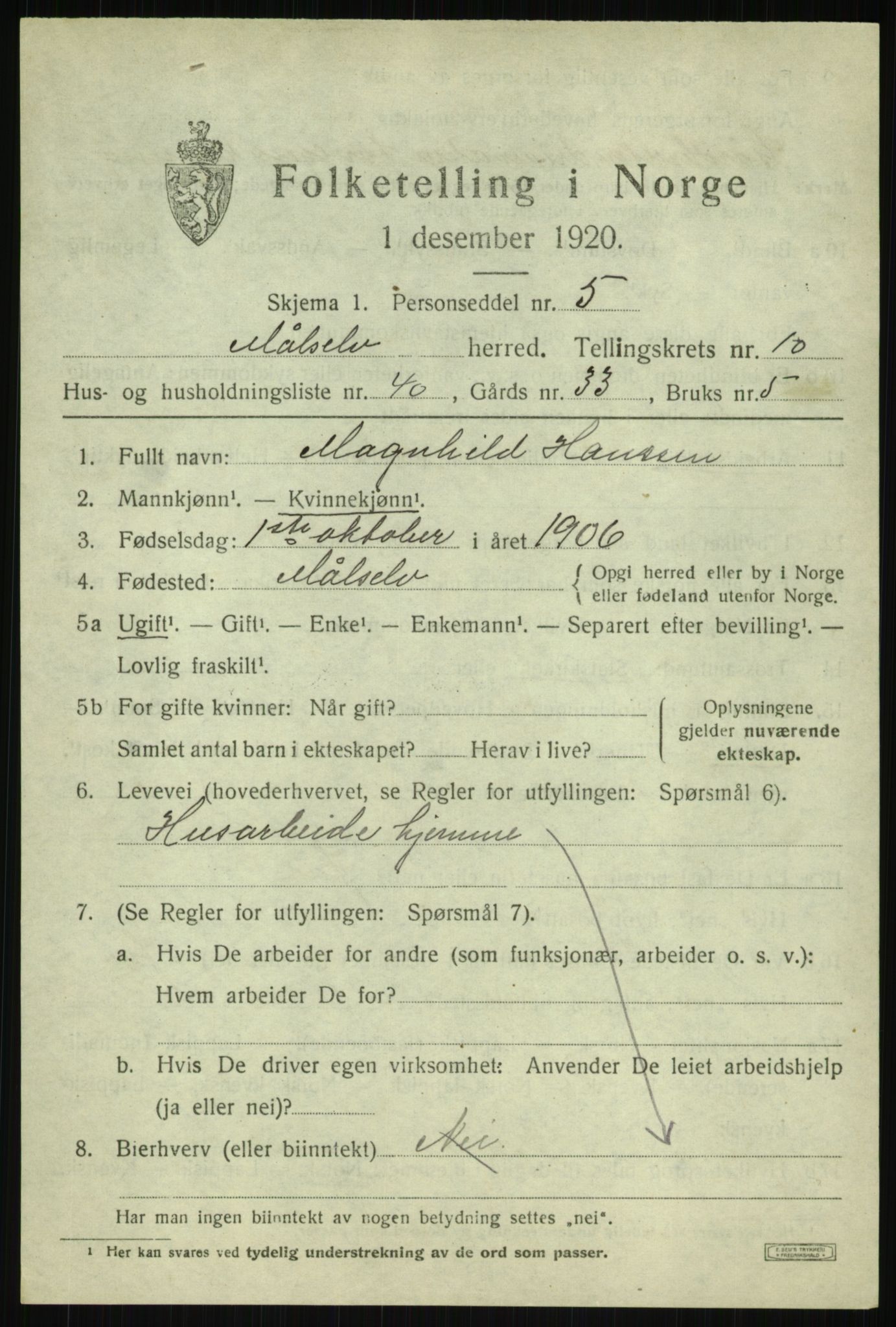 SATØ, 1920 census for Målselv, 1920, p. 6033