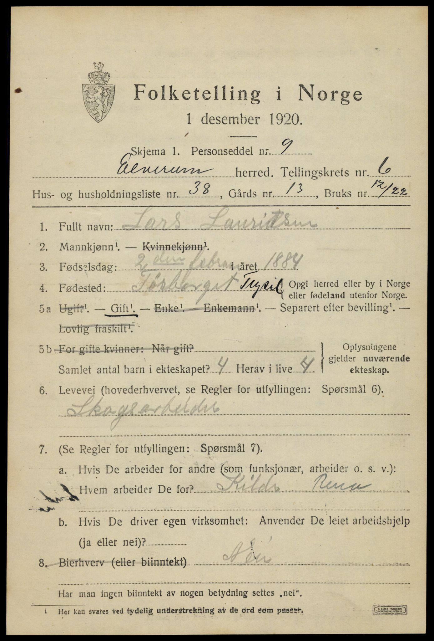 SAH, 1920 census for Elverum, 1920, p. 9784