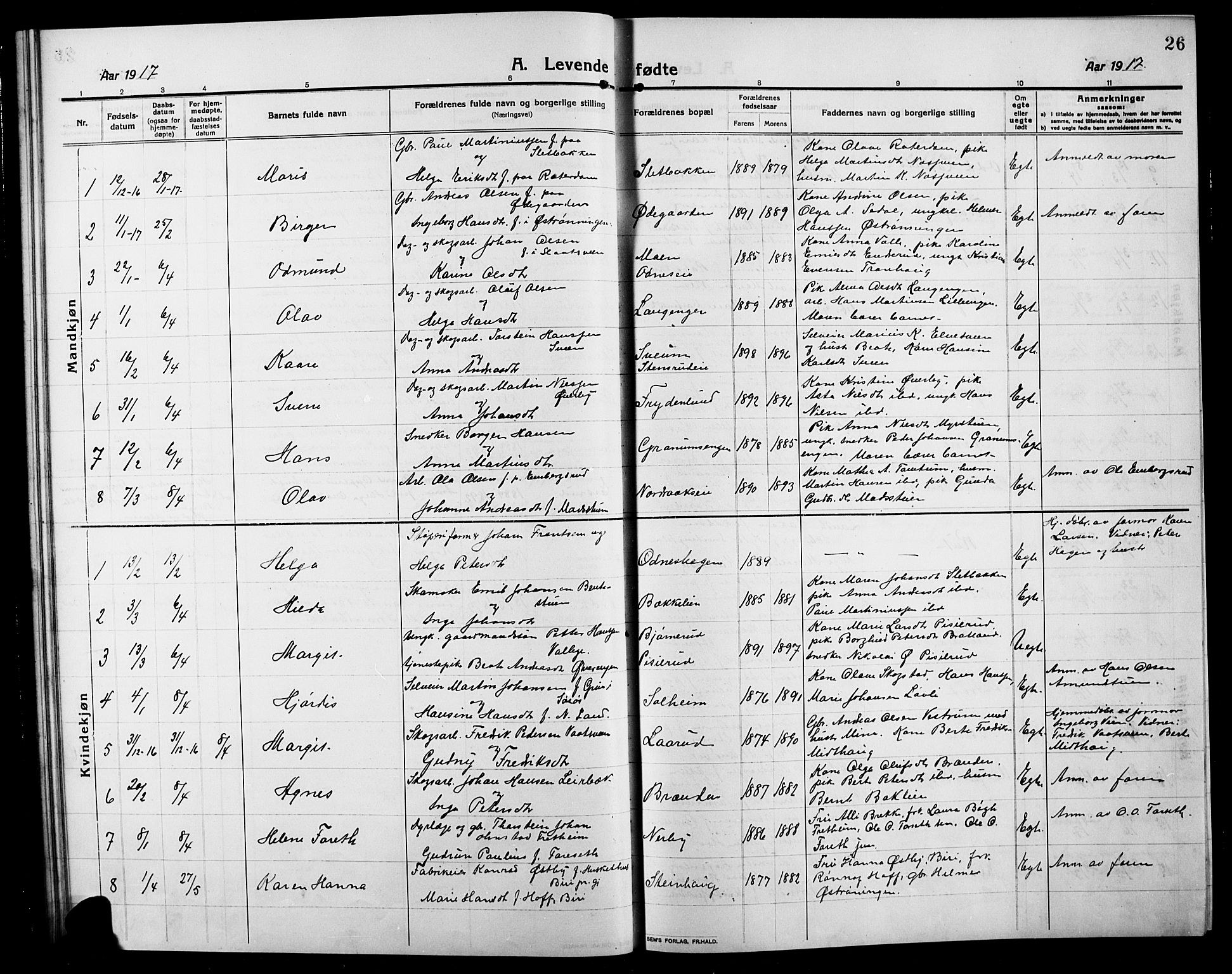 Søndre Land prestekontor, SAH/PREST-122/L/L0006: Parish register (copy) no. 6, 1912-1925, p. 26