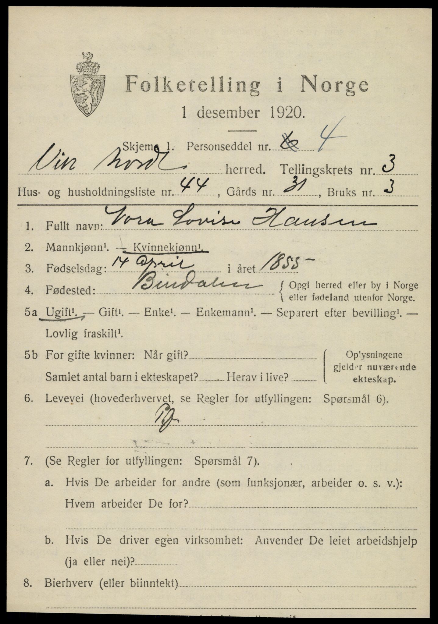 SAT, 1920 census for Vik, 1920, p. 2125