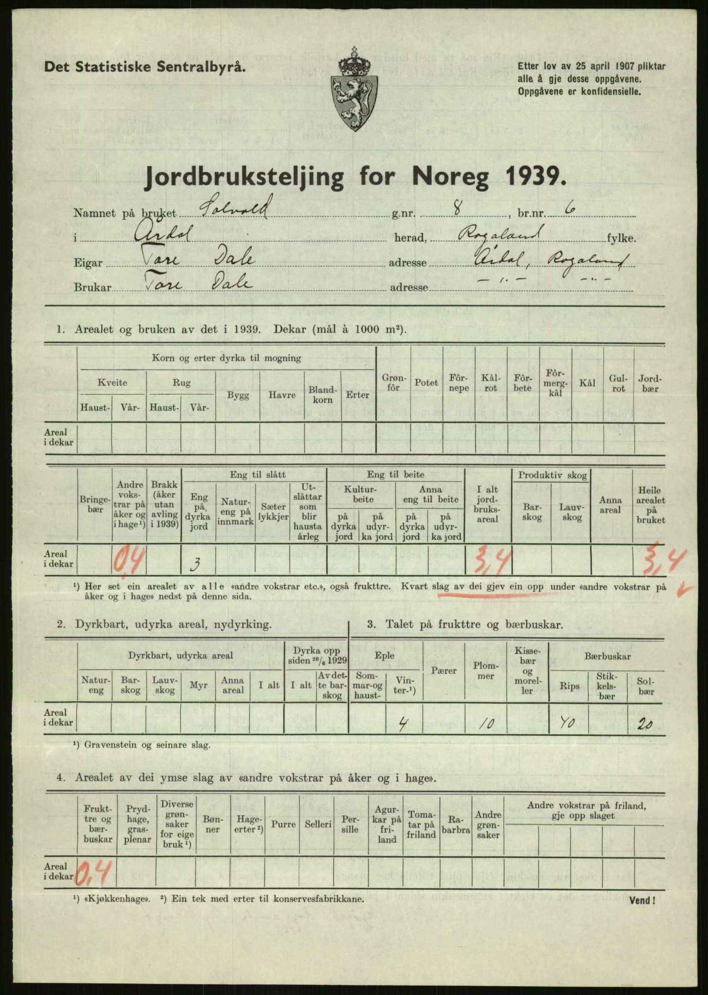 Statistisk sentralbyrå, Næringsøkonomiske emner, Jordbruk, skogbruk, jakt, fiske og fangst, AV/RA-S-2234/G/Gb/L0184: Rogaland: Årdal, Fister og Hjelmeland, 1939, p. 455