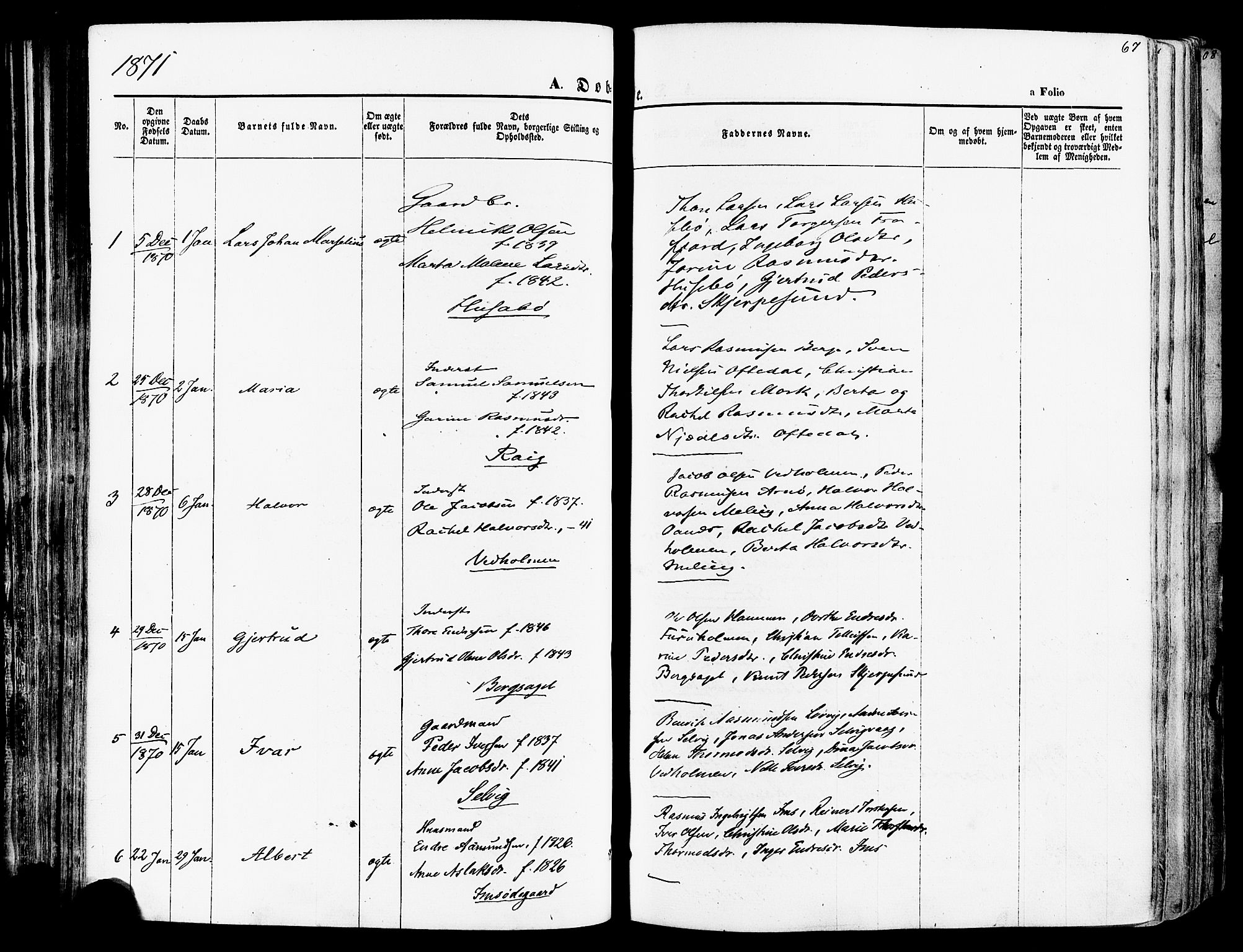 Høgsfjord sokneprestkontor, SAST/A-101624/H/Ha/Haa/L0002: Parish register (official) no. A 2, 1855-1885, p. 67