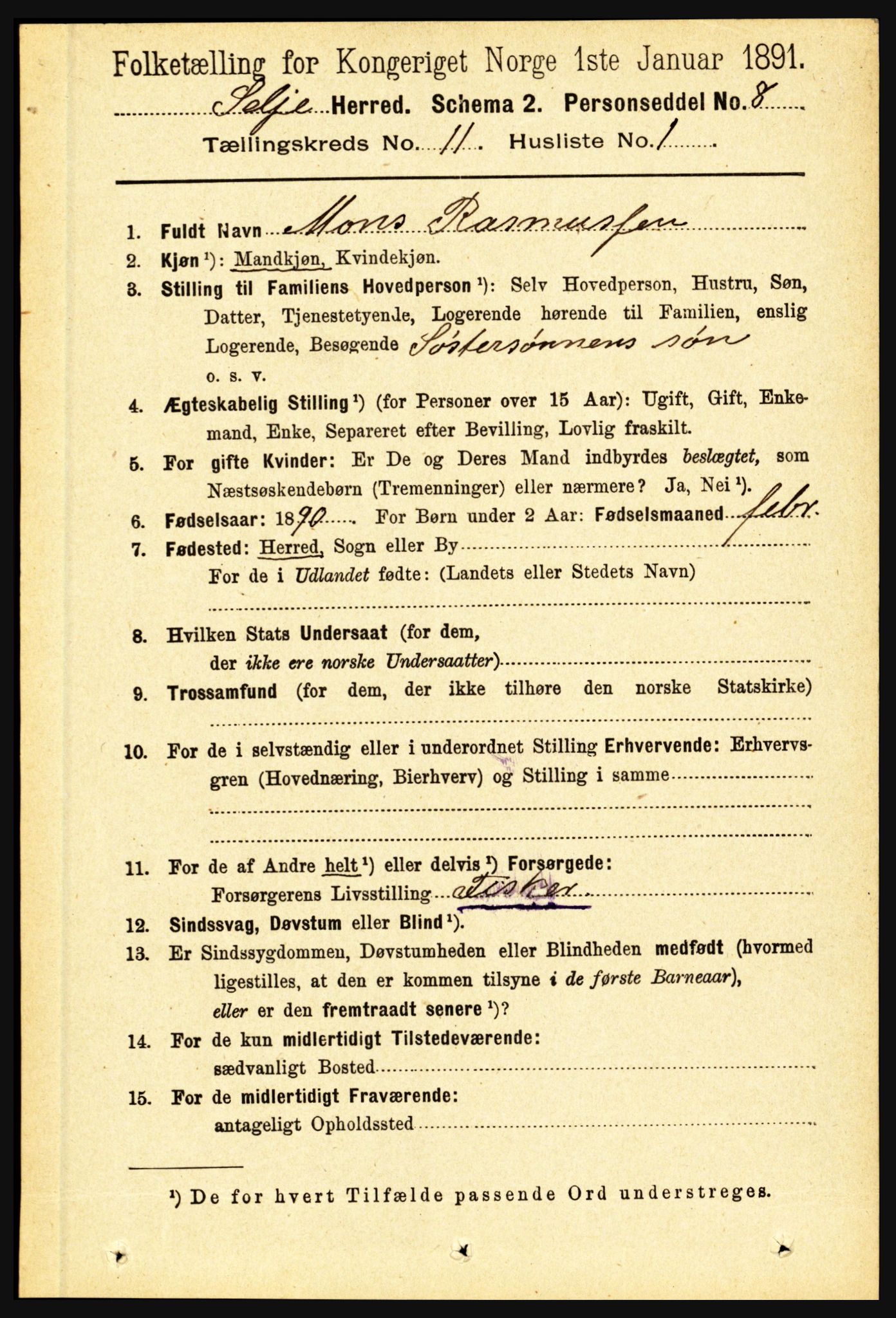 RA, 1891 census for 1441 Selje, 1891, p. 3422