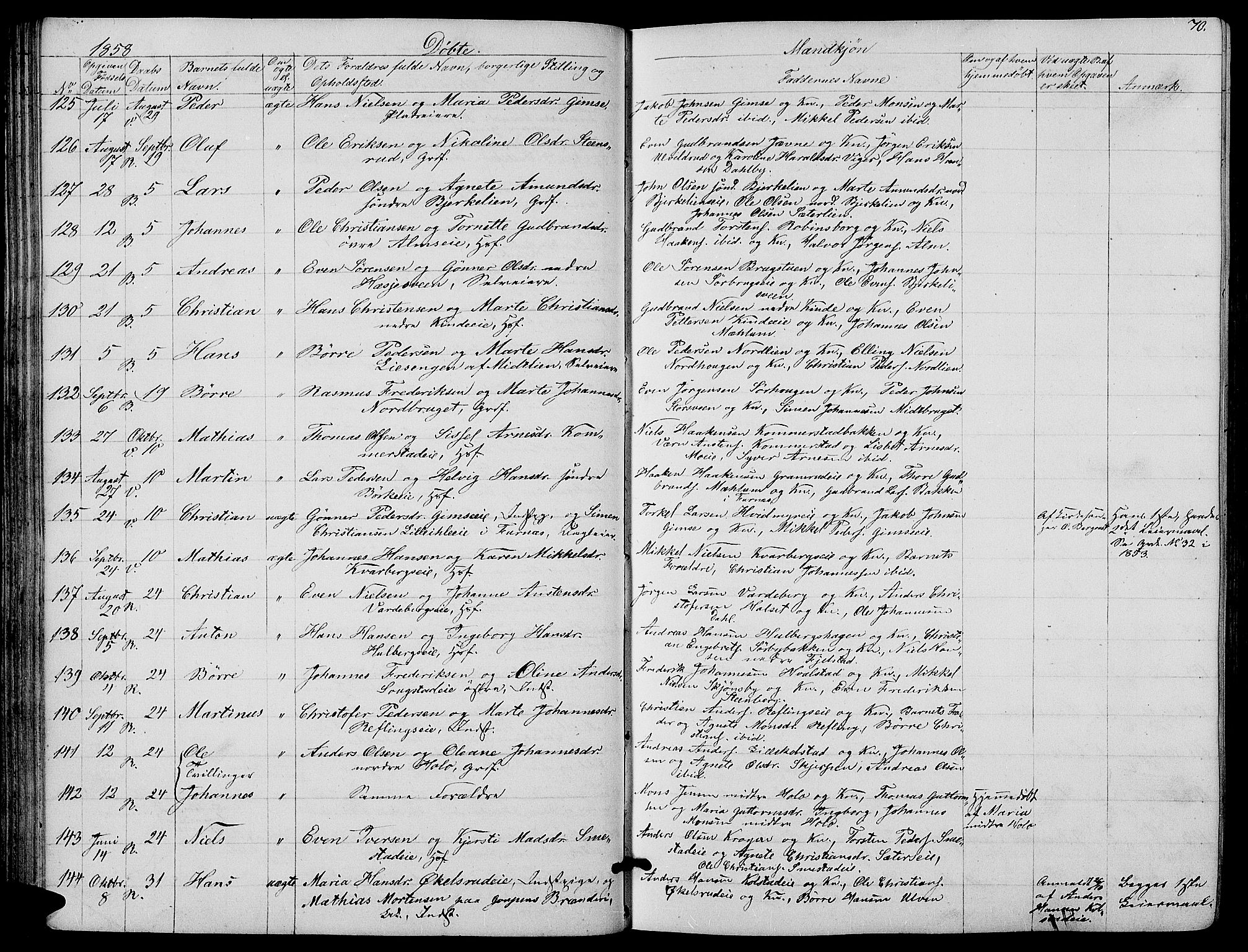 Ringsaker prestekontor, AV/SAH-PREST-014/L/La/L0006: Parish register (copy) no. 6, 1851-1860, p. 70