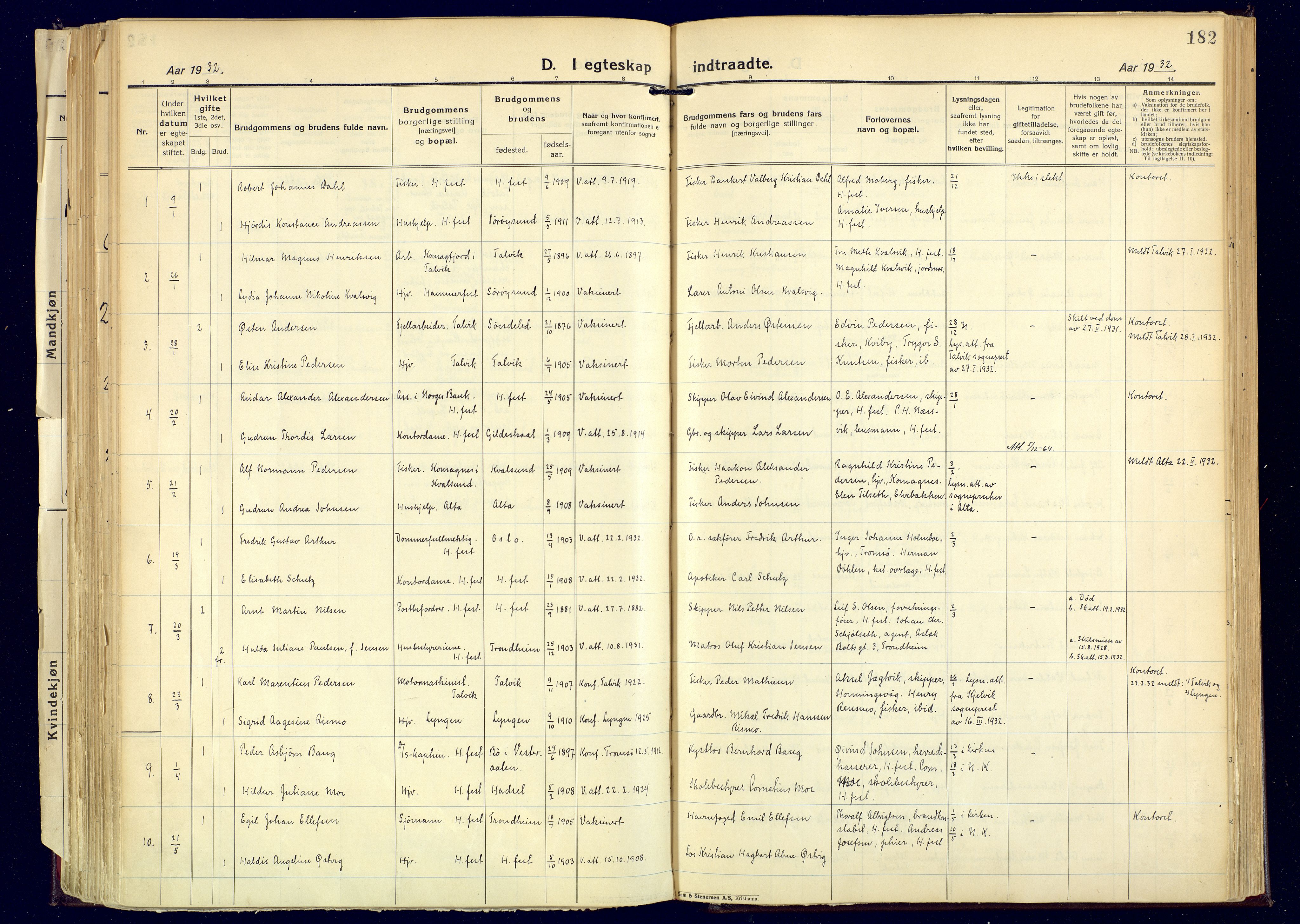 Hammerfest sokneprestkontor, AV/SATØ-S-1347/H/Ha/L0017.kirke: Parish register (official) no. 17, 1923-1933, p. 182