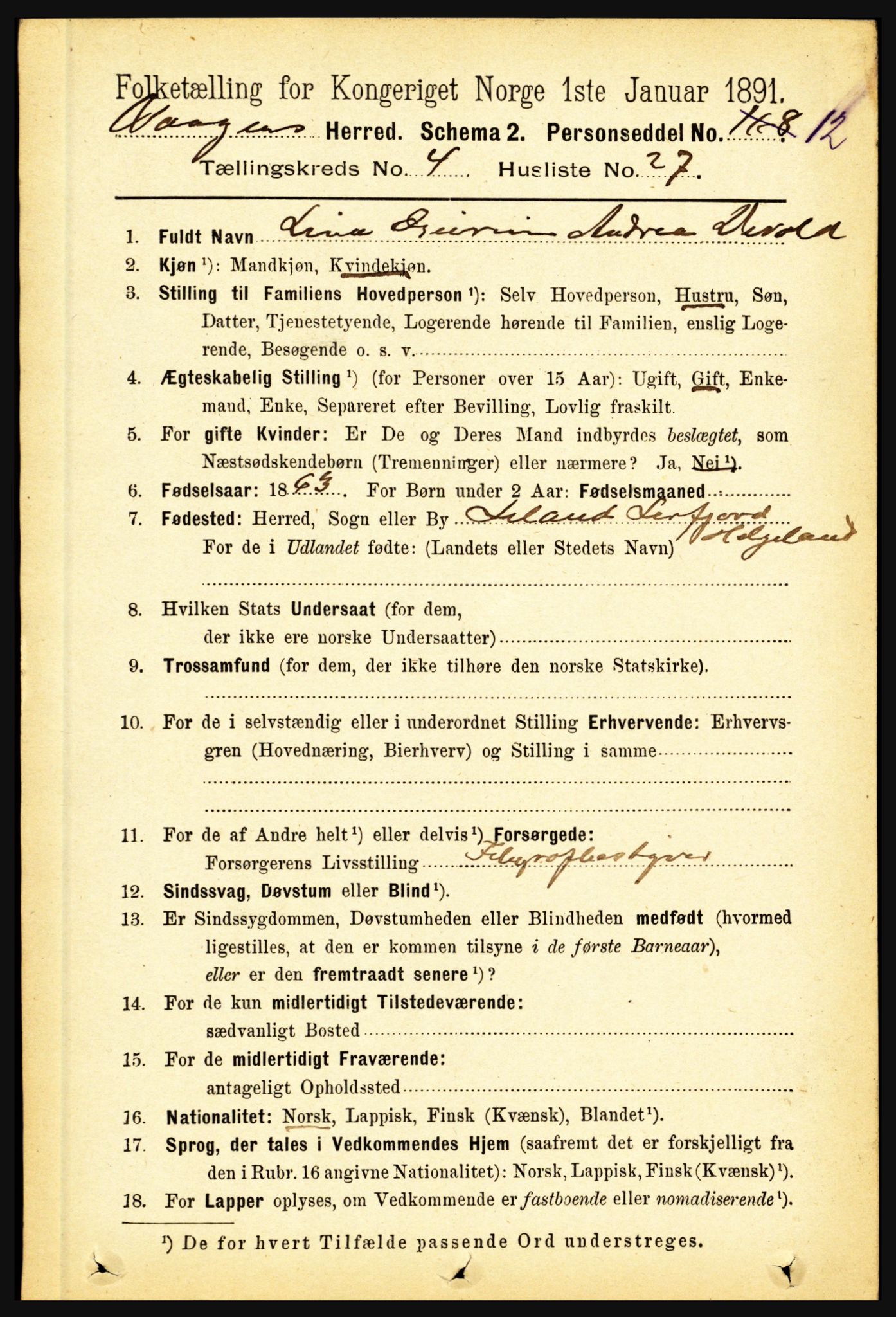 RA, 1891 census for 1865 Vågan, 1891, p. 1106