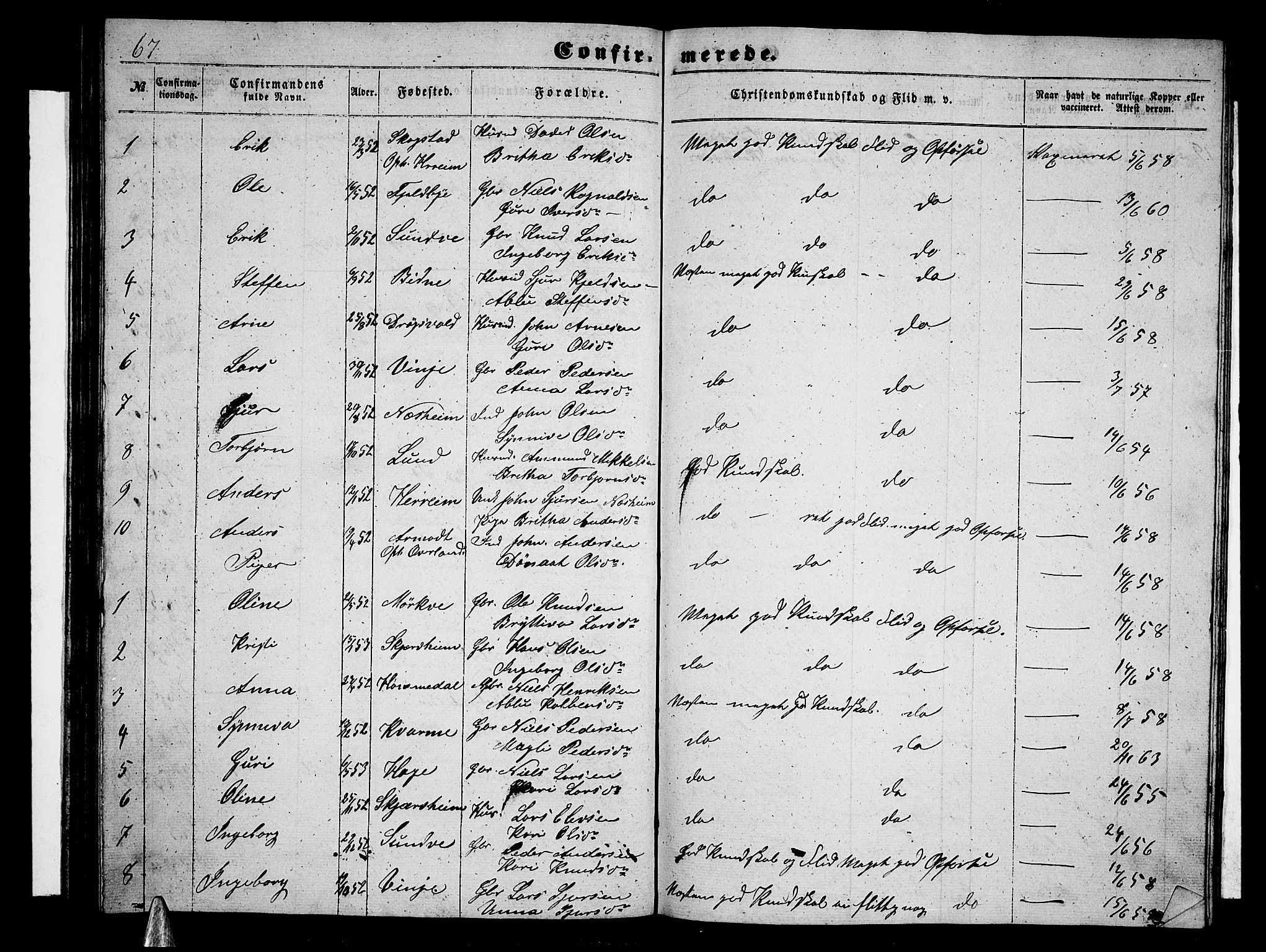 Vossestrand Sokneprestembete, AV/SAB-A-79101/H/Hab: Parish register (copy) no. B 1, 1855-1867, p. 67