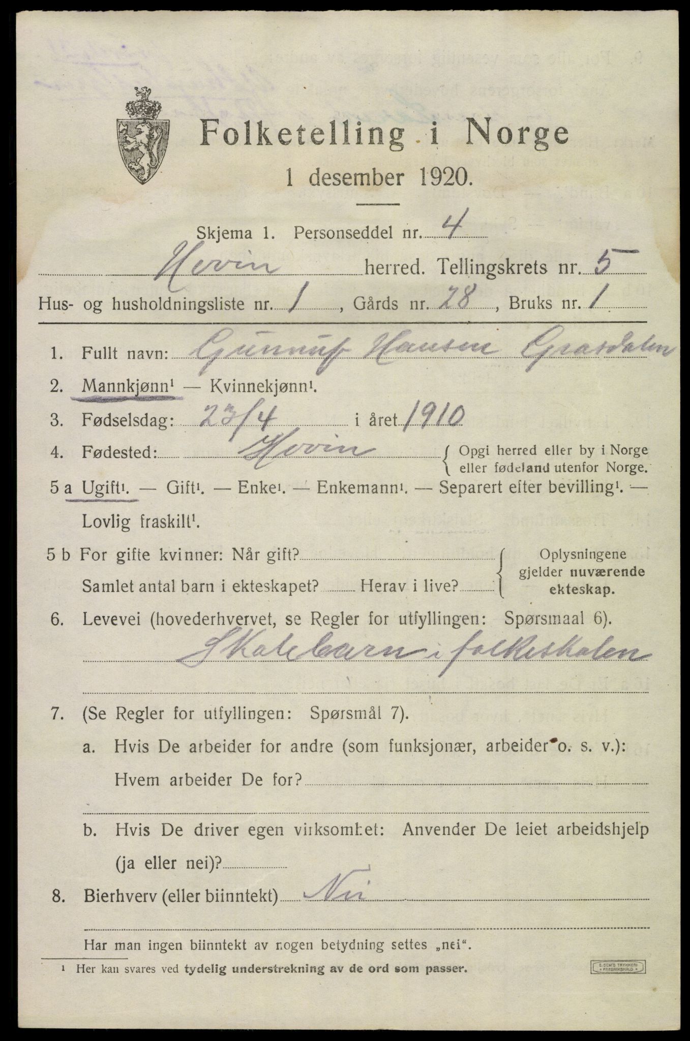SAKO, 1920 census for Hovin, 1920, p. 1329
