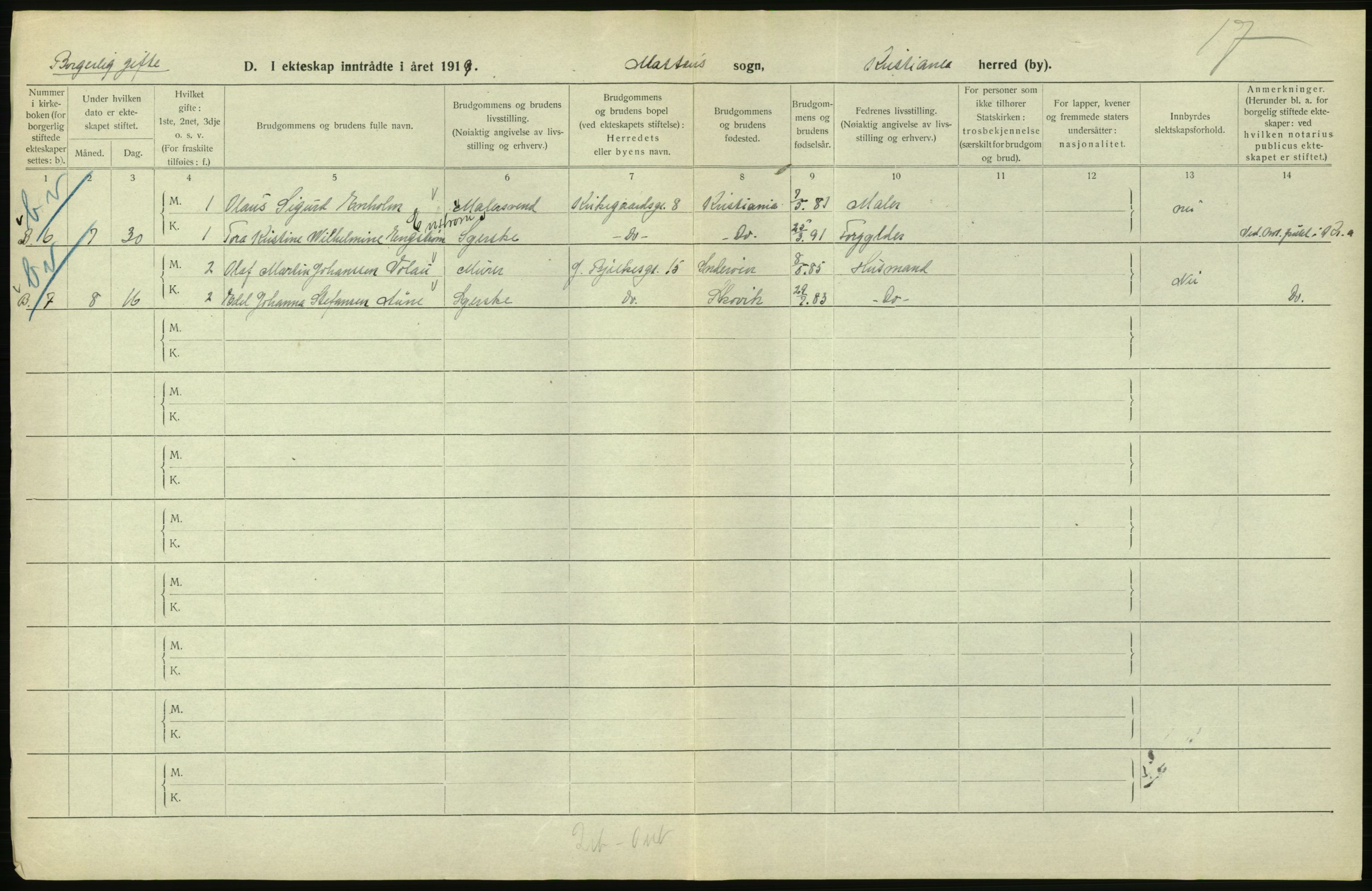 Statistisk sentralbyrå, Sosiodemografiske emner, Befolkning, AV/RA-S-2228/D/Df/Dfb/Dfbi/L0009: Kristiania: Gifte, 1919, p. 596