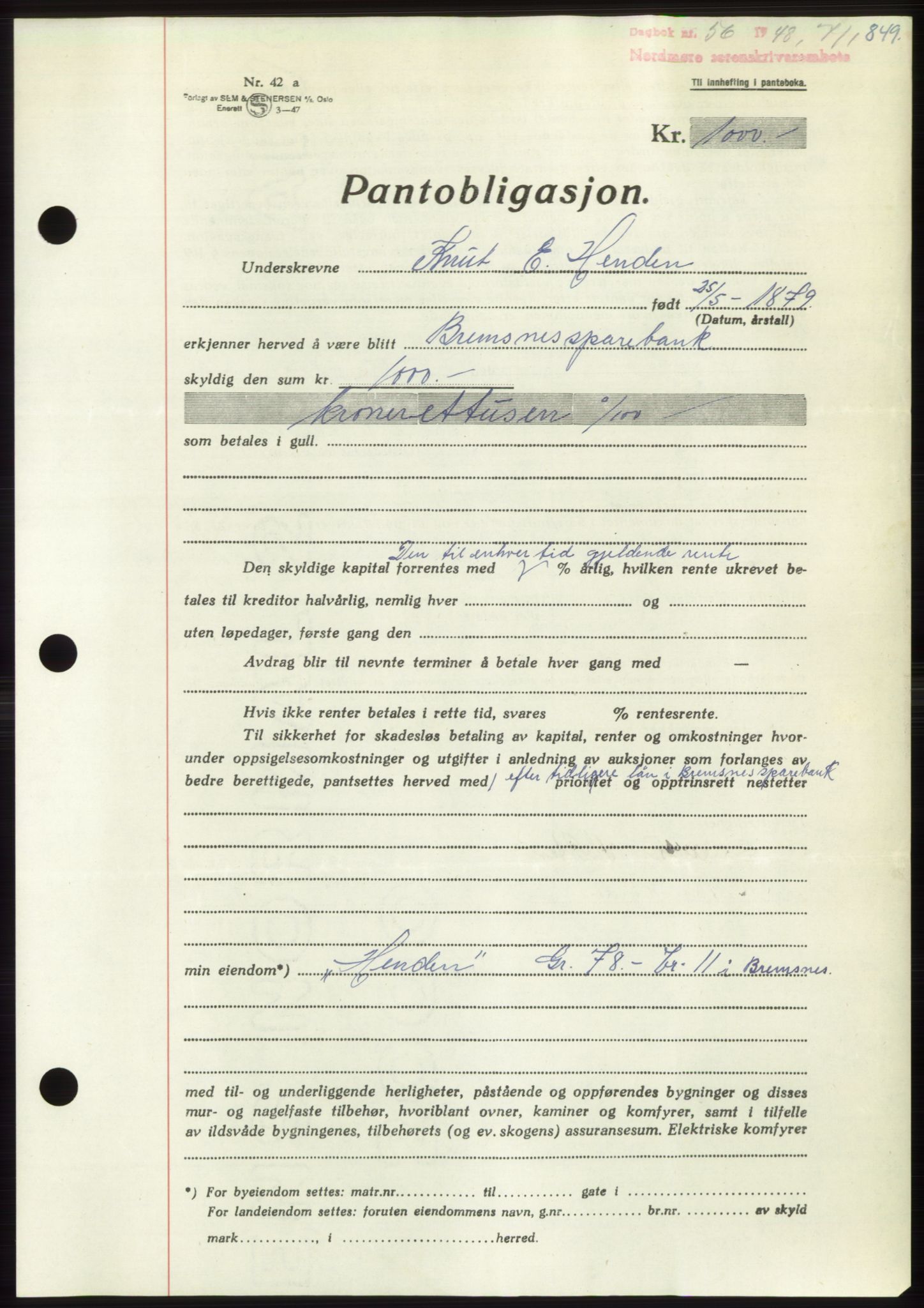 Nordmøre sorenskriveri, AV/SAT-A-4132/1/2/2Ca: Mortgage book no. B97, 1947-1948, Diary no: : 56/1948