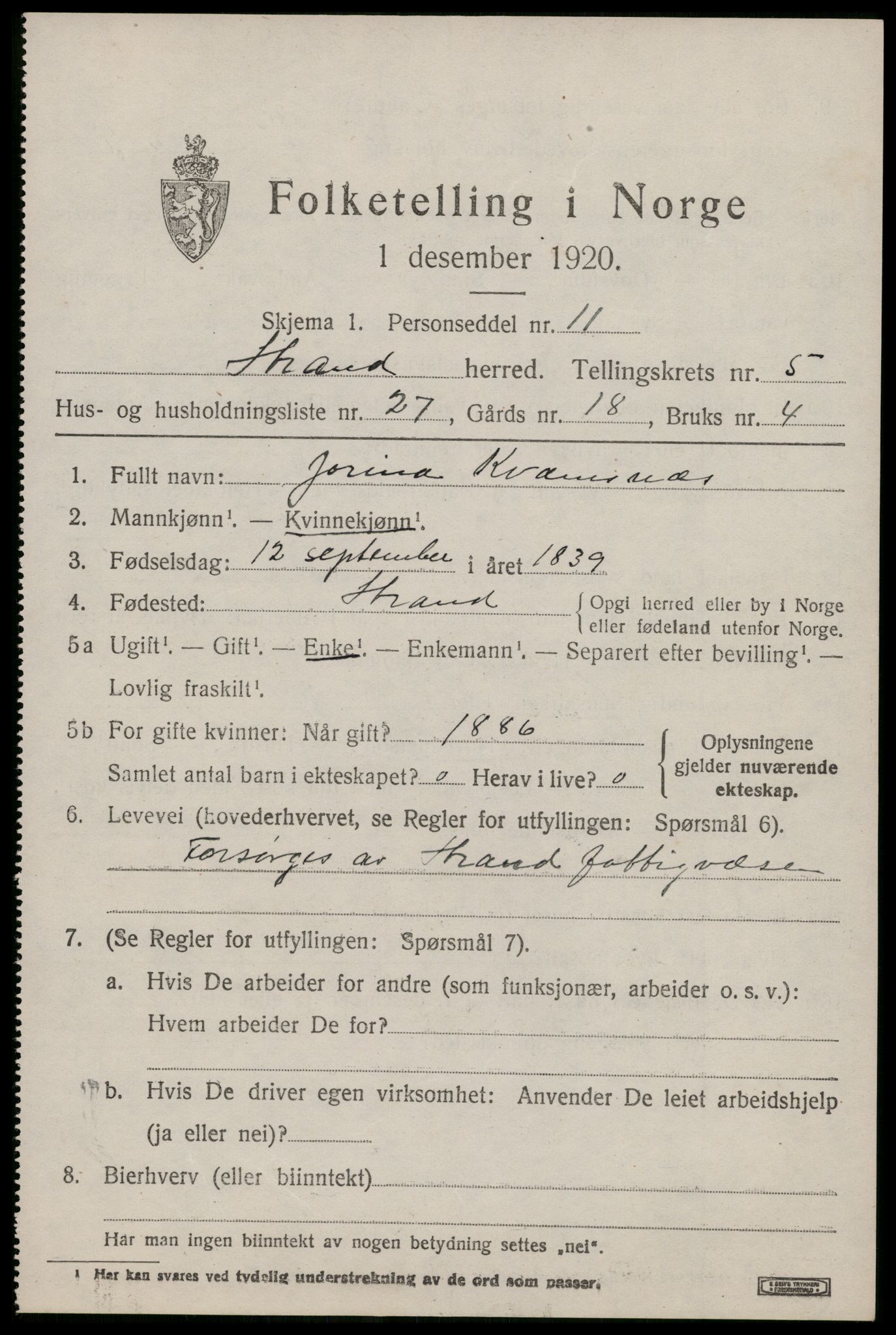 SAST, 1920 census for Strand, 1920, p. 3990