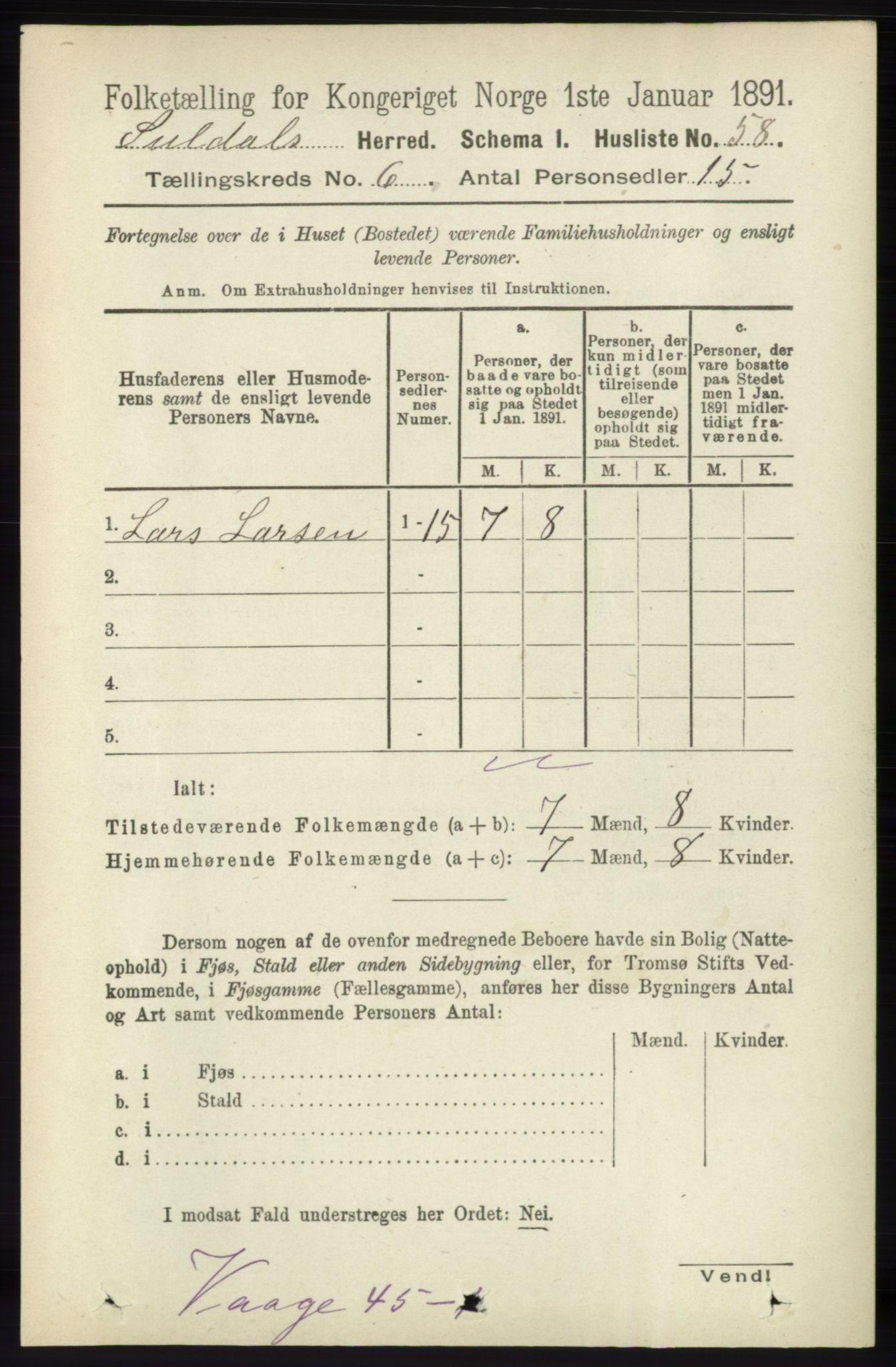 RA, 1891 census for 1134 Suldal, 1891, p. 1591