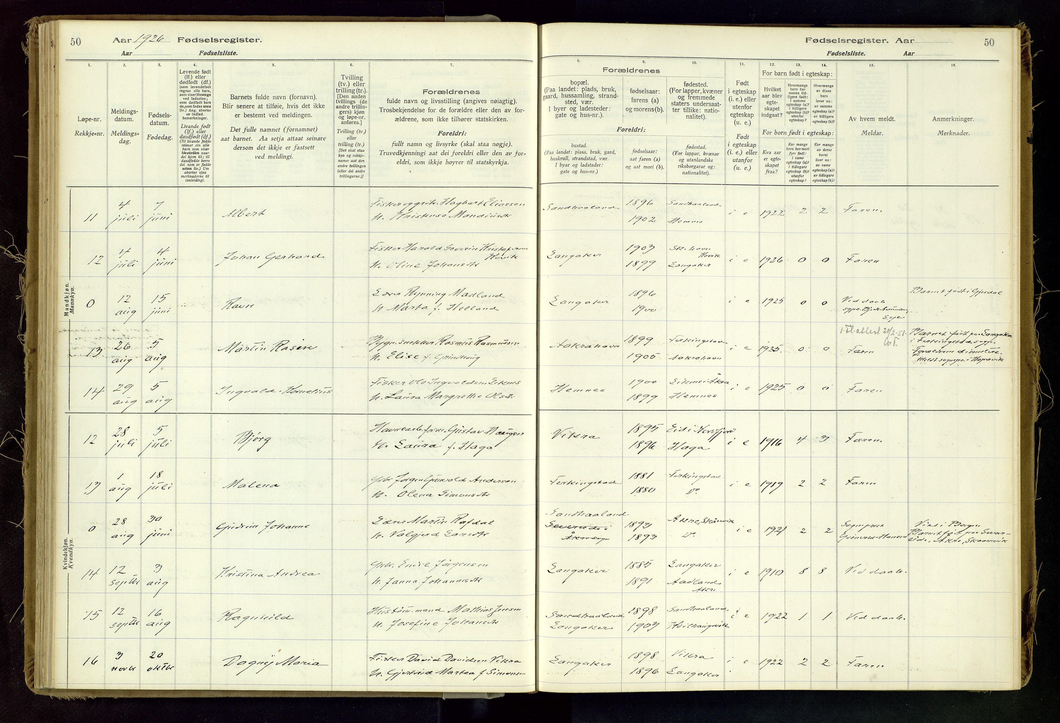 Skudenes sokneprestkontor, SAST/A -101849/I/Id/L0002: Birth register no. 2, 1916-1962, p. 50