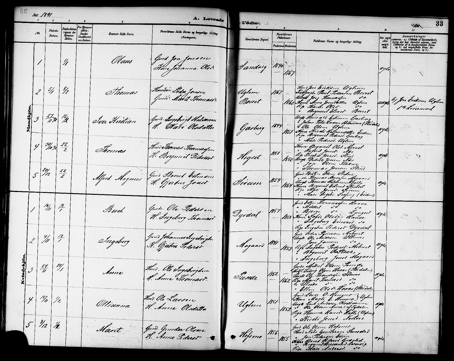 Ministerialprotokoller, klokkerbøker og fødselsregistre - Sør-Trøndelag, SAT/A-1456/695/L1157: Parish register (copy) no. 695C08, 1889-1913, p. 33