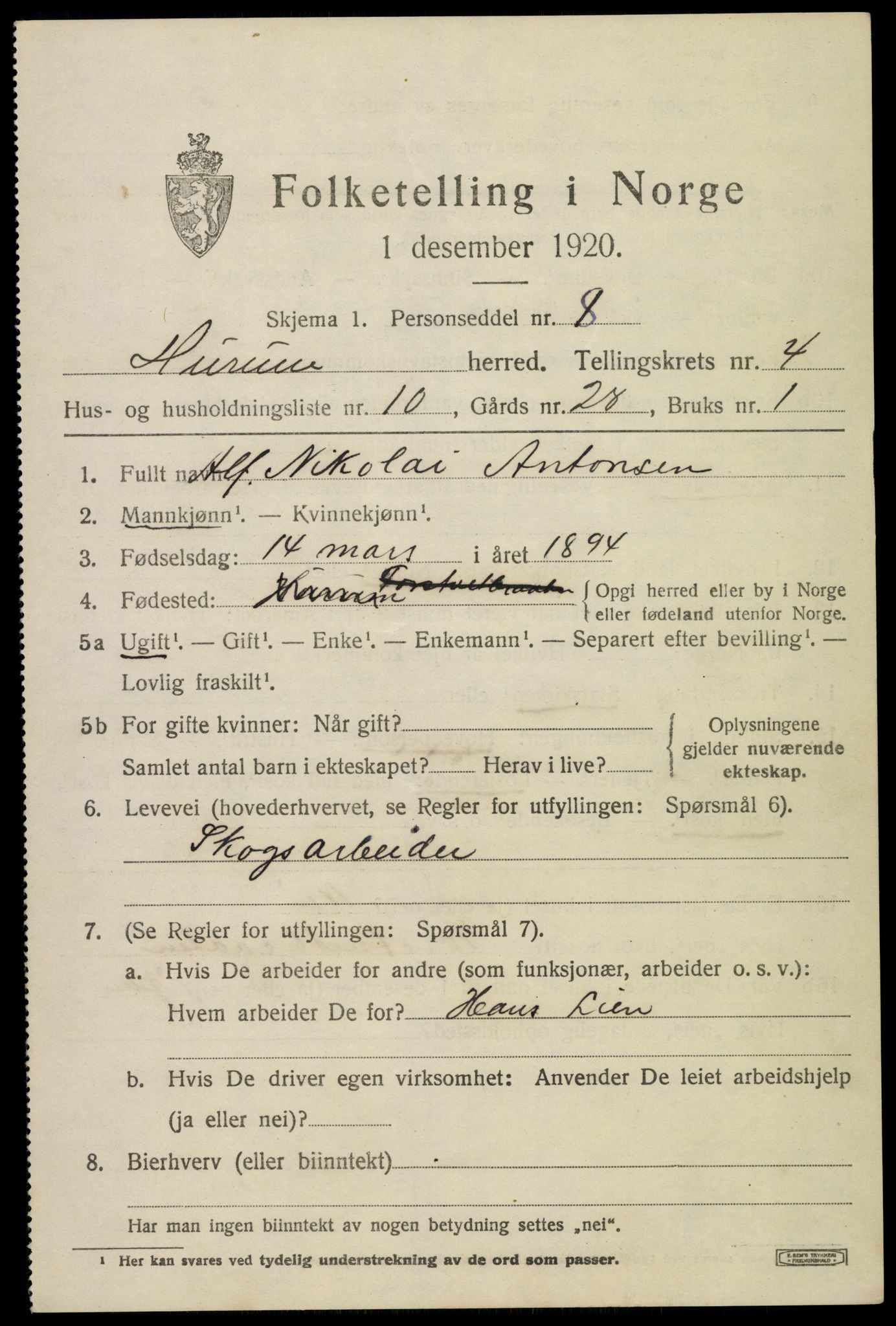 SAKO, 1920 census for Hurum, 1920, p. 5920