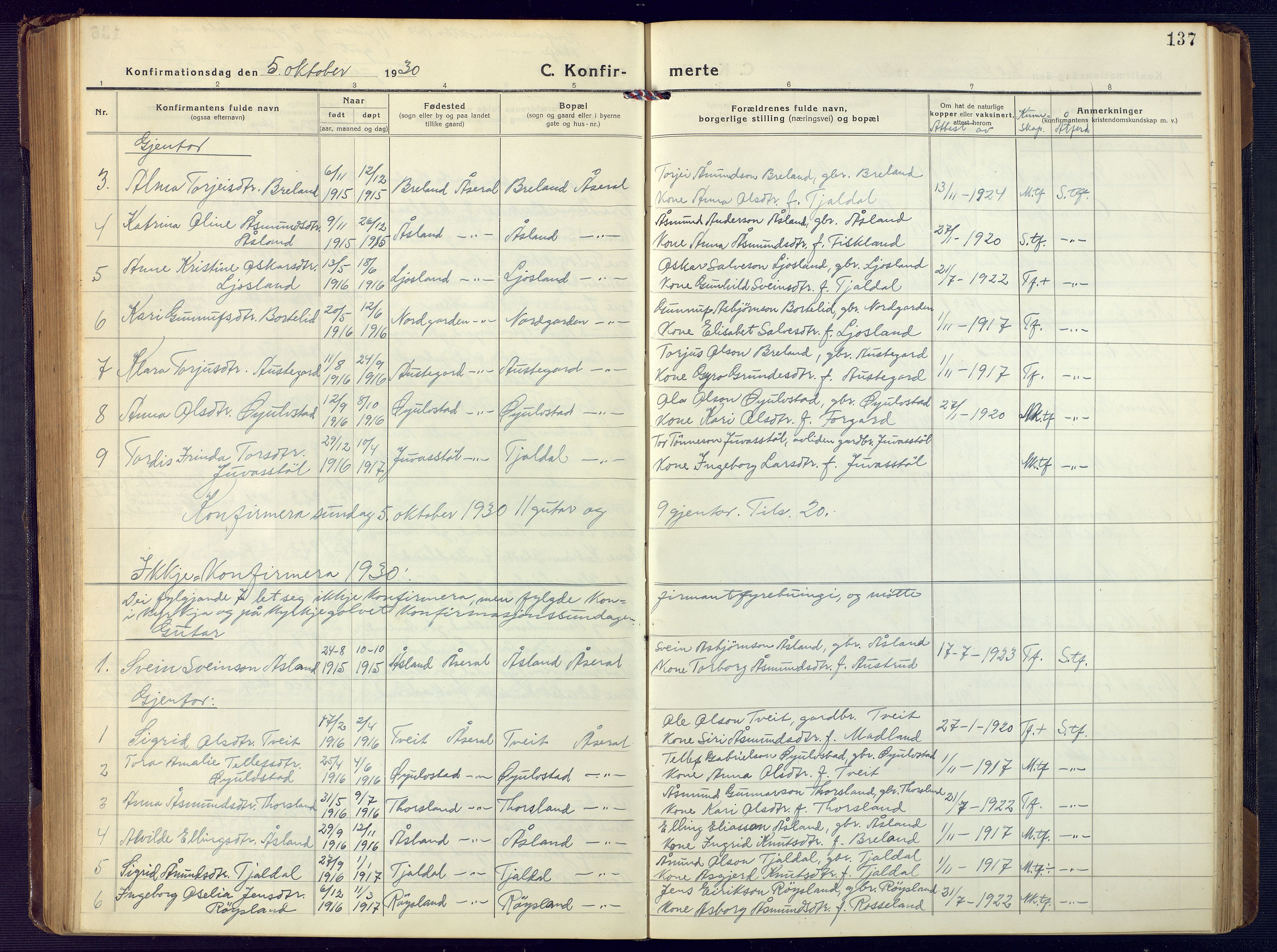 Åseral sokneprestkontor, SAK/1111-0051/F/Fb/L0004: Parish register (copy) no. B 4, 1920-1946, p. 137