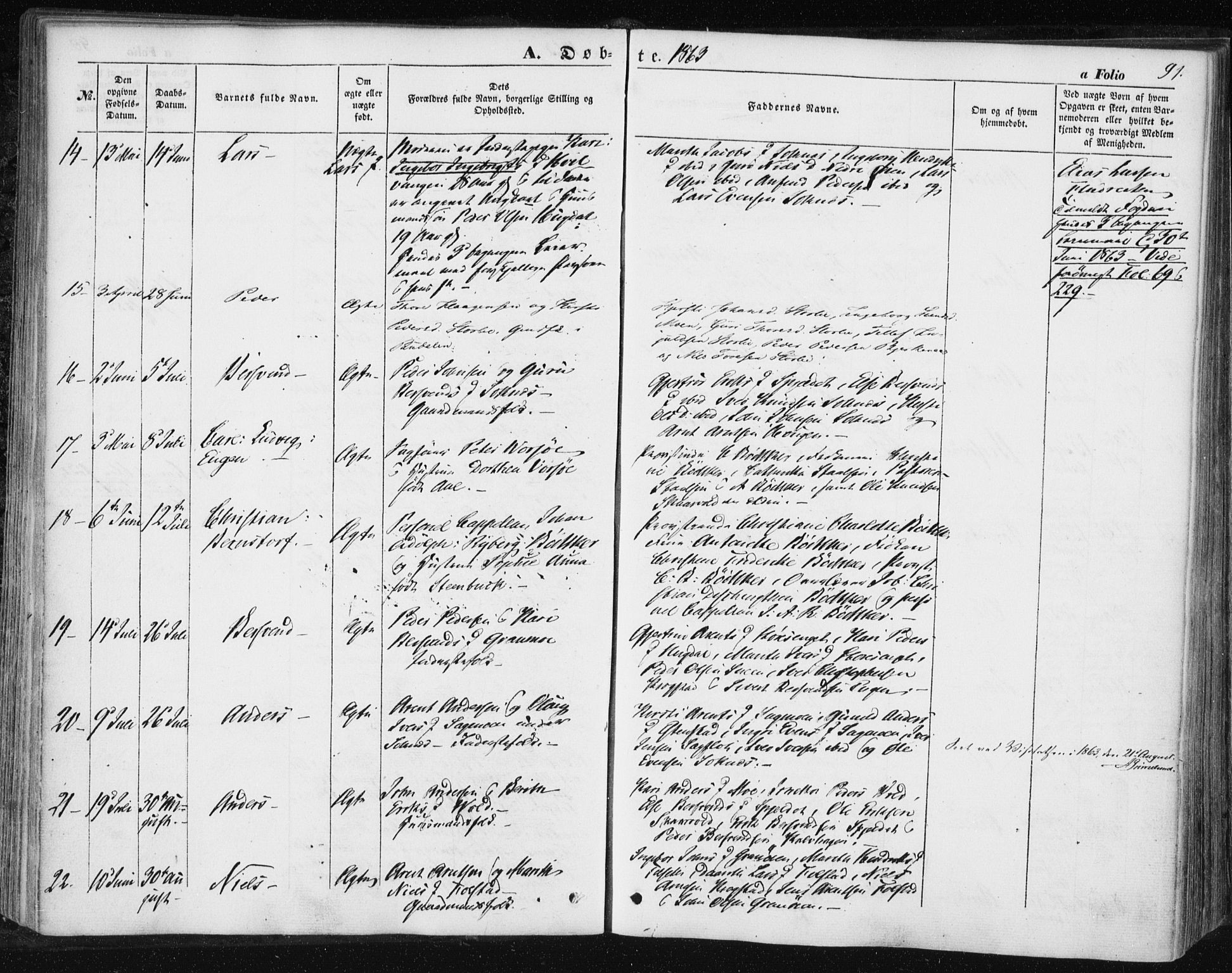 Ministerialprotokoller, klokkerbøker og fødselsregistre - Sør-Trøndelag, SAT/A-1456/687/L1000: Parish register (official) no. 687A06, 1848-1869, p. 91