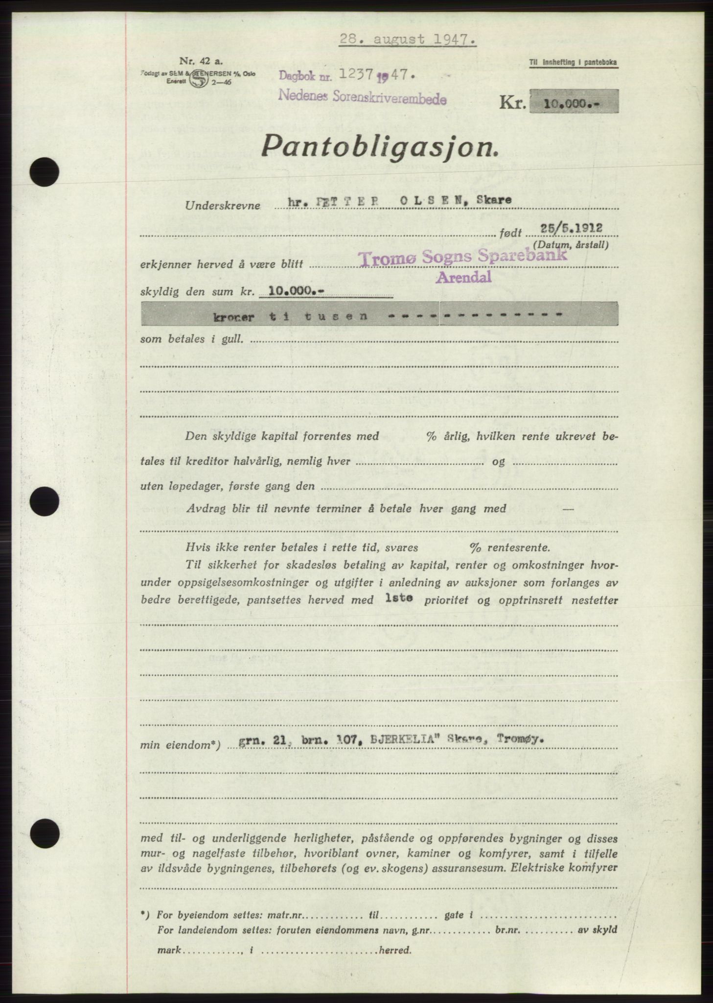 Nedenes sorenskriveri, AV/SAK-1221-0006/G/Gb/Gbb/L0004: Mortgage book no. B4, 1947-1947, Diary no: : 1237/1947