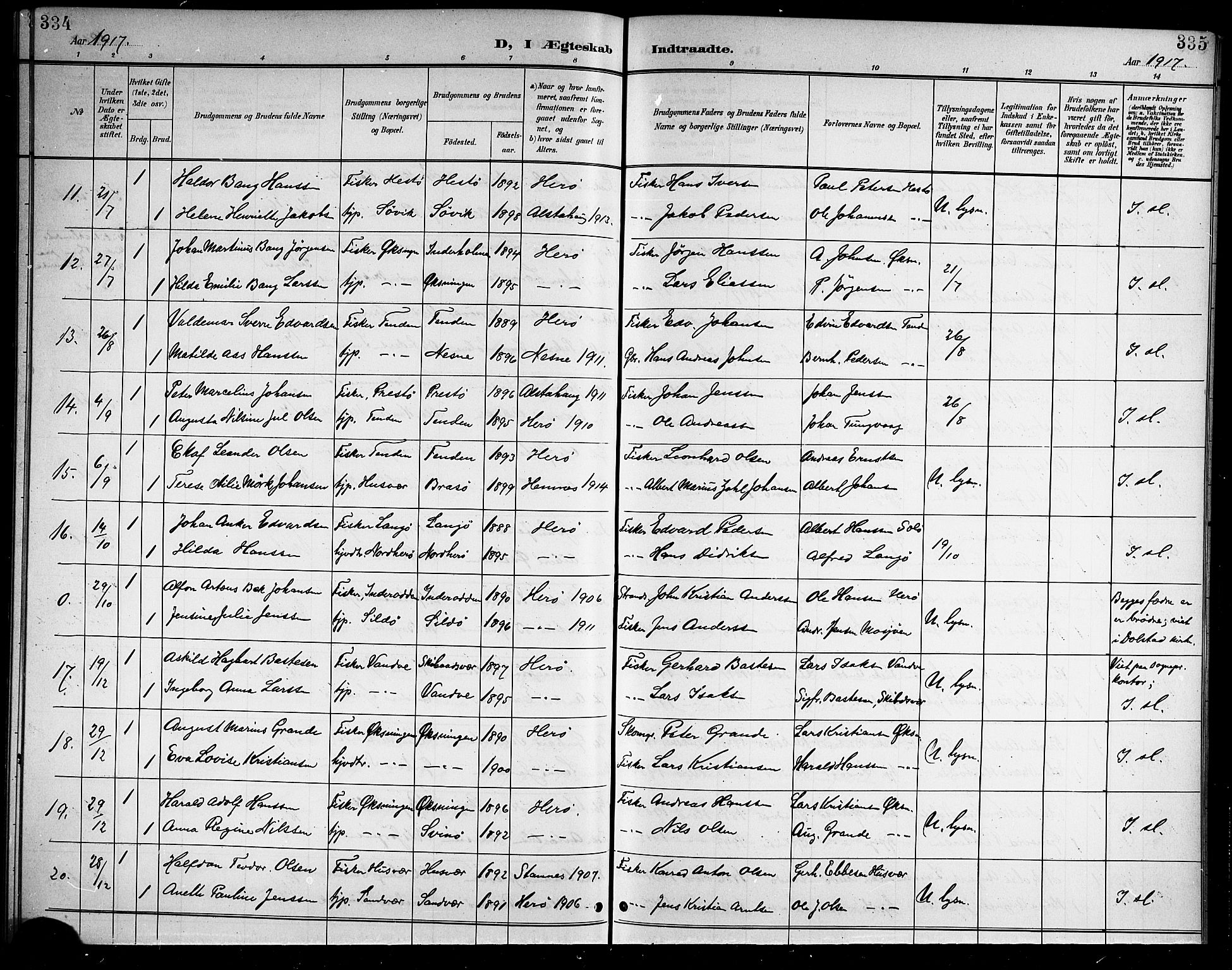 Ministerialprotokoller, klokkerbøker og fødselsregistre - Nordland, SAT/A-1459/834/L0516: Parish register (copy) no. 834C06, 1902-1918, p. 334-335
